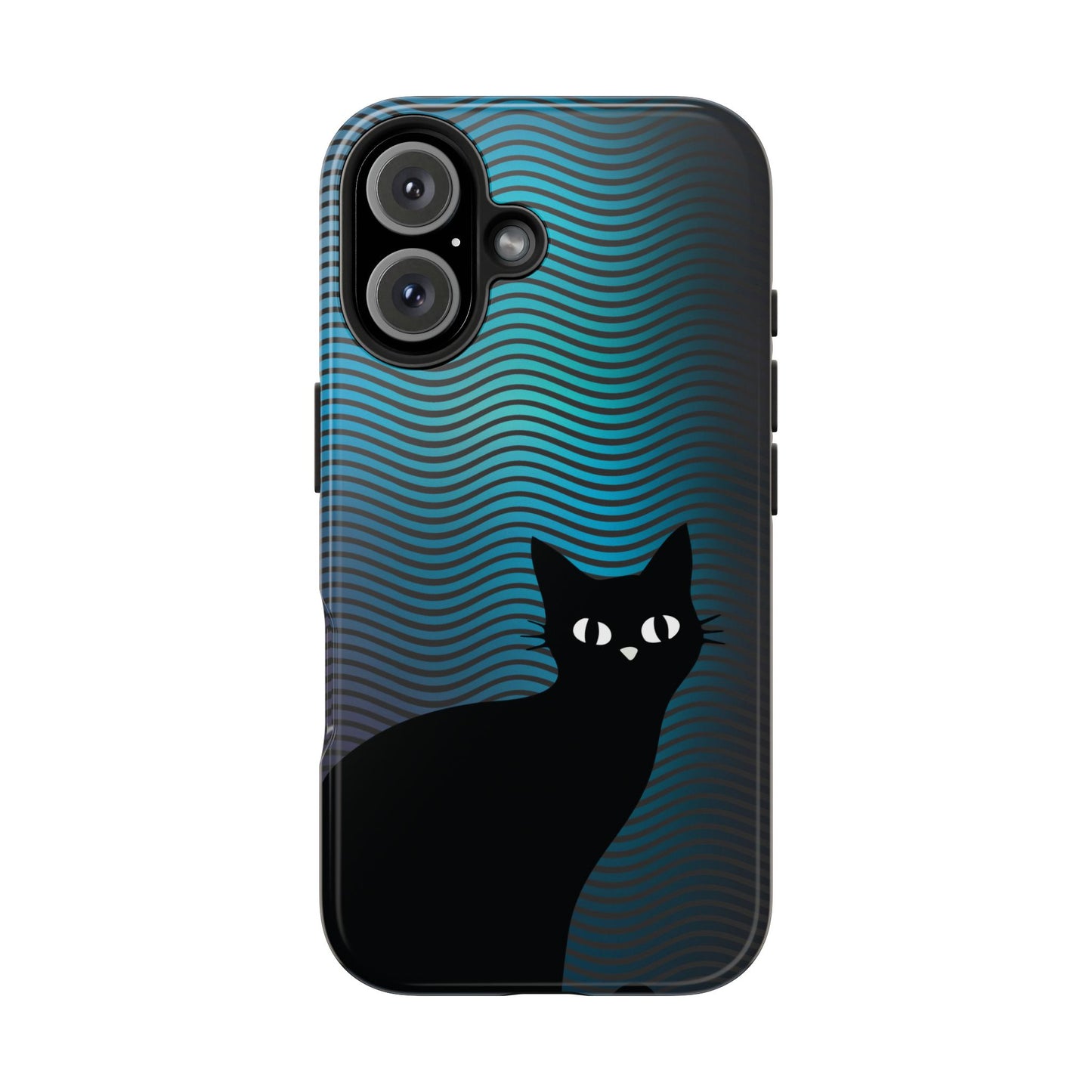 Black Cat Cell Phone Case | Peeking Kitty Graphic on Wavy Teal Background