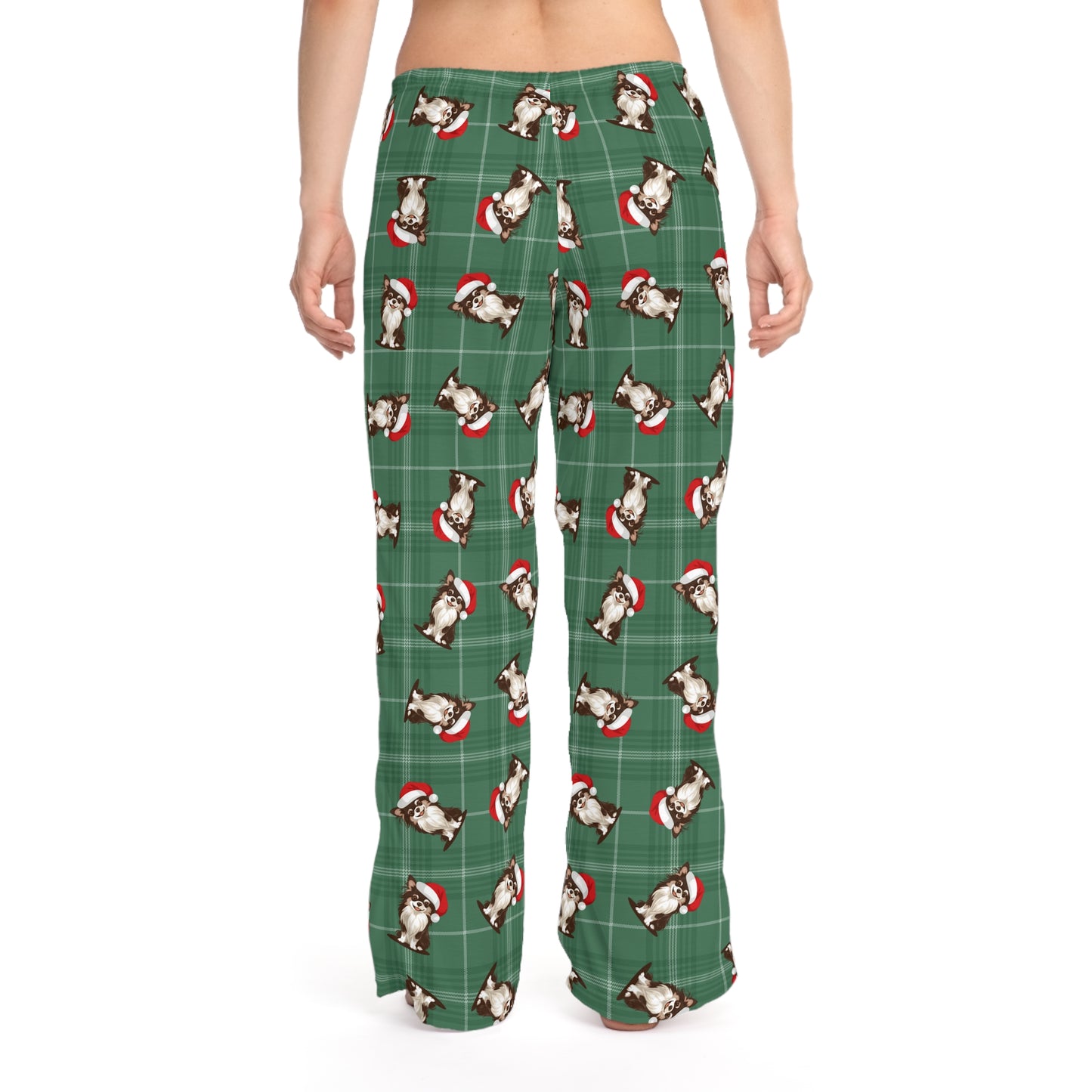 Long Haired Chihuahua Dog Womens Christmas Pajama Pants, Santa Chihuahuas Dogs Green Plaid PJ Bottoms Winter Loungewear, Holiday Sleepwear