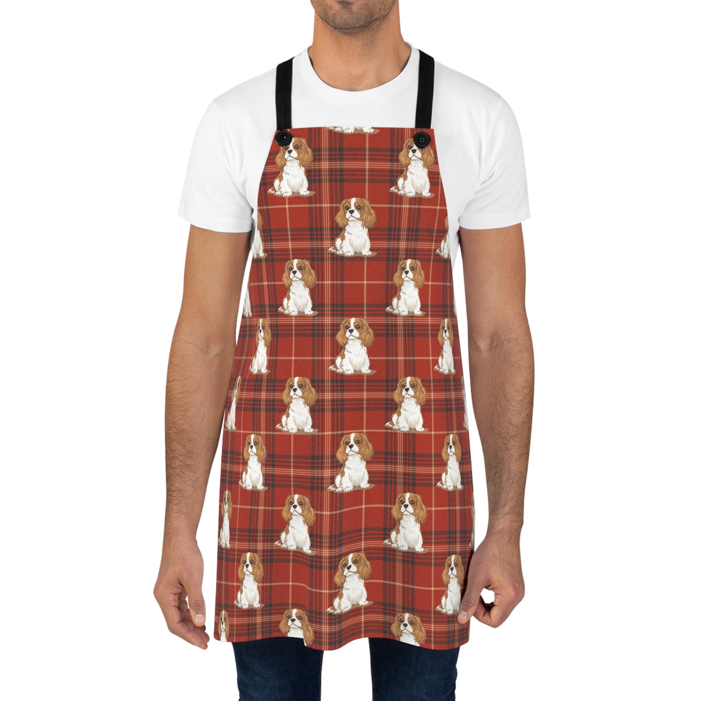 Blenheim Cavalier King Charles Spaniel Dogs Apron | Red Tartan Plaid Dog Pattern Home Cook Kitchen Aprons