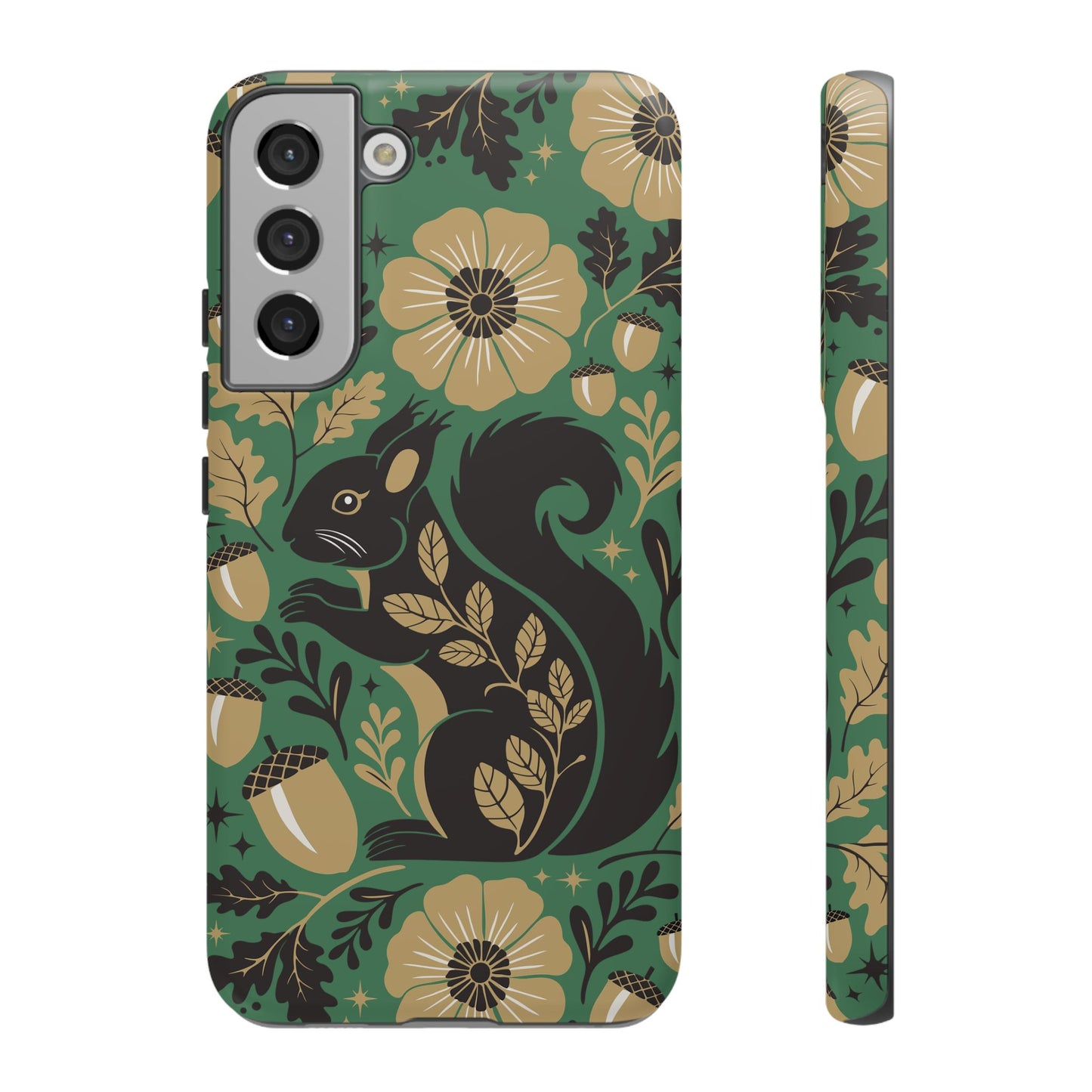 Green Squirrel Floral Pattern Cell Phone Case | Botanical Folk Art Acorn Leaves Design, Iphone Google Pixel Samsung Cases Matte Finish