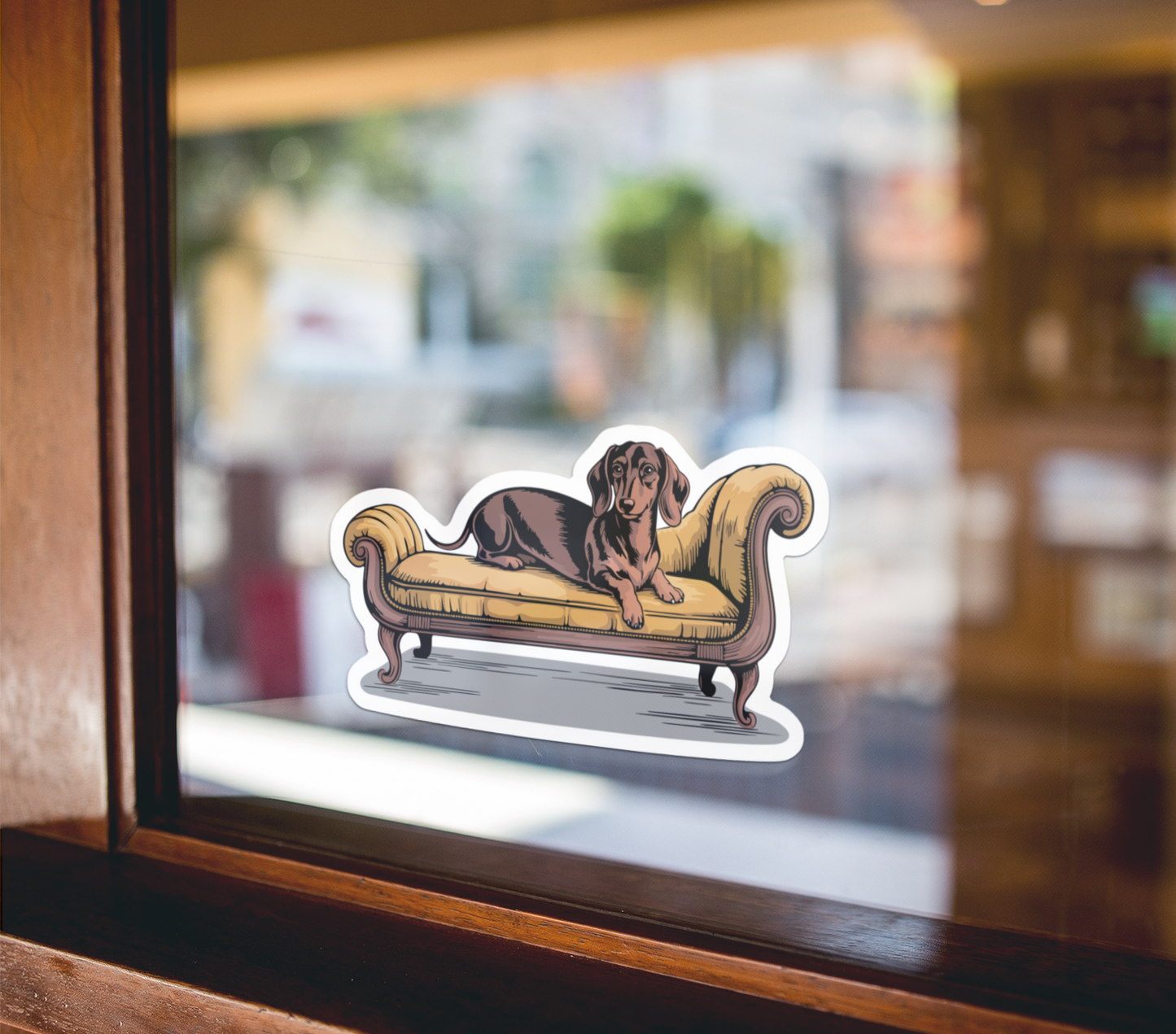 4" Dachshund Dog On Chaise Lounge Sticker - Brown Wiener Dogs Dachshunds Yellow Couch Waterproof Vinyl Decal Stickers