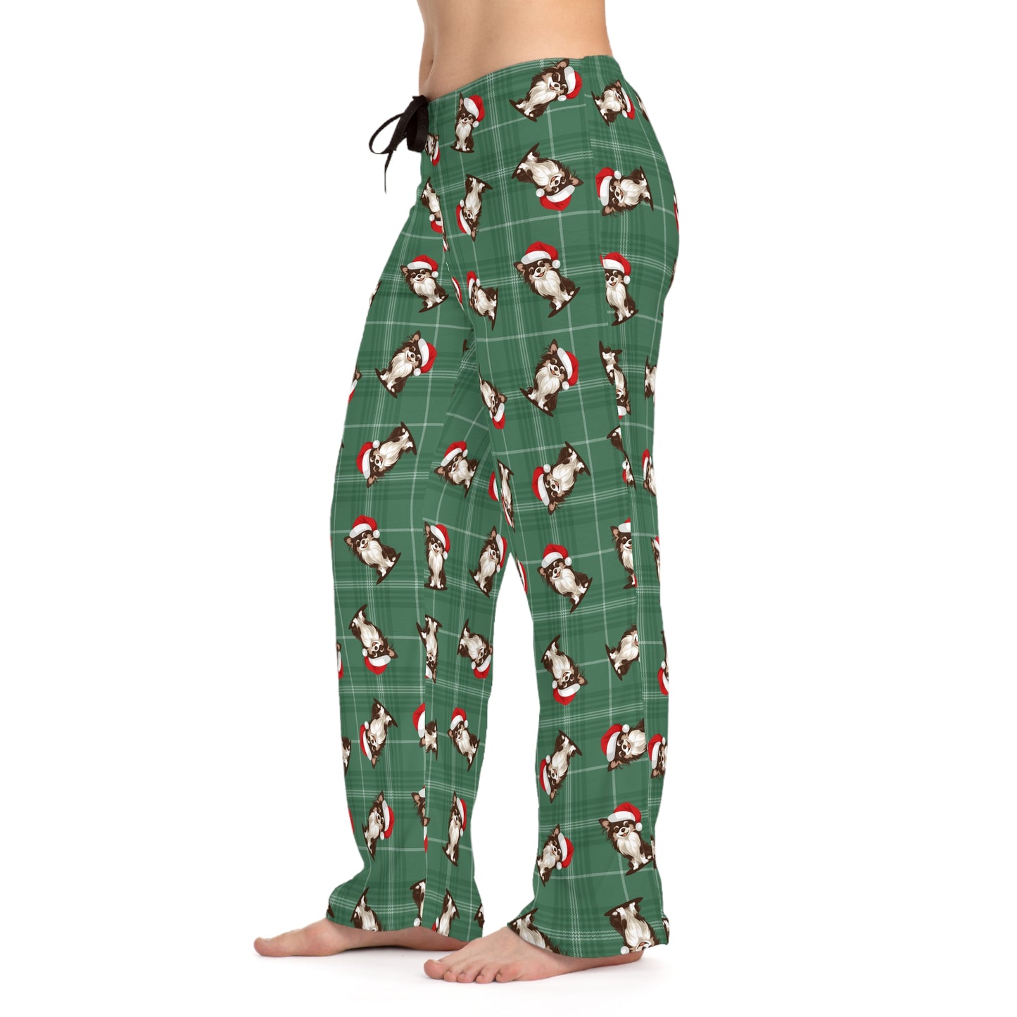 Long Haired Chihuahua Dog Womens Christmas Pajama Pants, Santa Chihuahuas Dogs Green Plaid PJ Bottoms Winter Loungewear, Holiday Sleepwear