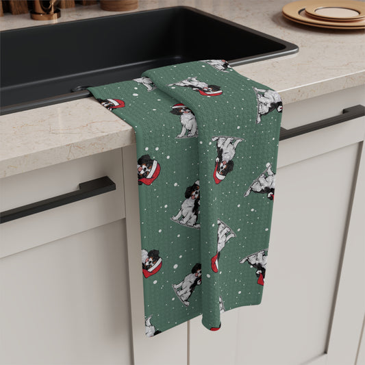 Cavalier King Charles Spaniel Dog Christmas Kitchen Hand Towel Microfiber Green Holiday Tea Towel with Dogs in Santa Hat Pattern