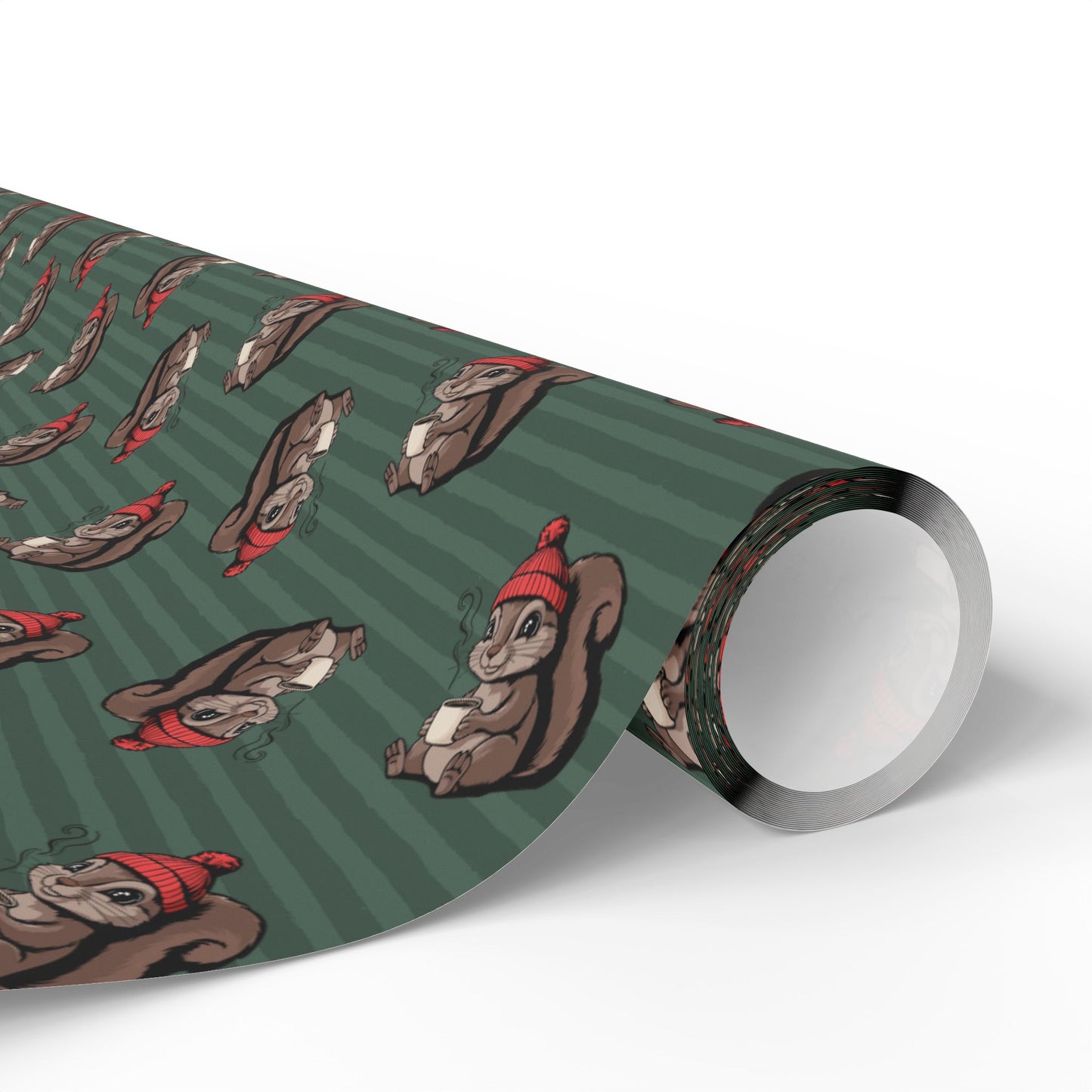 Cozy Squirrel Holiday Wrapping Paper, Cute Animal Green Striped Christmas Gift Wrap Roll Woodland Squirrels Pattern, Matte Finish