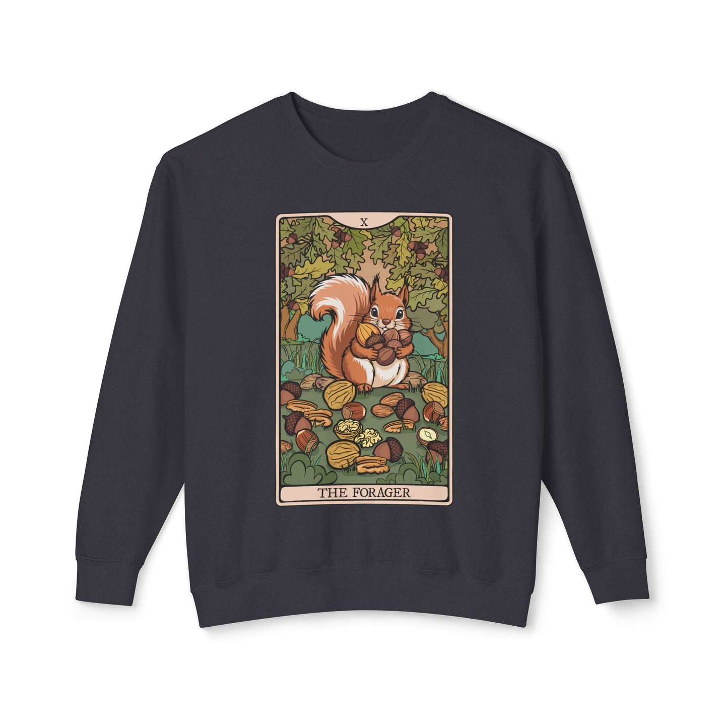The Forager Squirrel Crewneck Sweatshirt | Autumn Woodland Tarot Card Squirrels and Nuts Illustration, Fall Lightweight Sweatshirts