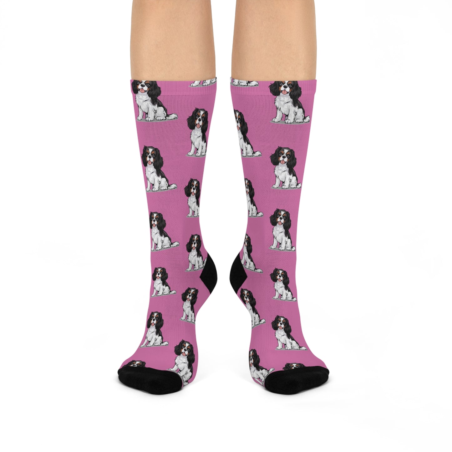 Charlie Tricolor Cavalier King Charles Spaniel Dog Pattern Pink Cushioned Crew Socks with Pet Dogs Cavalier Puppy Print
