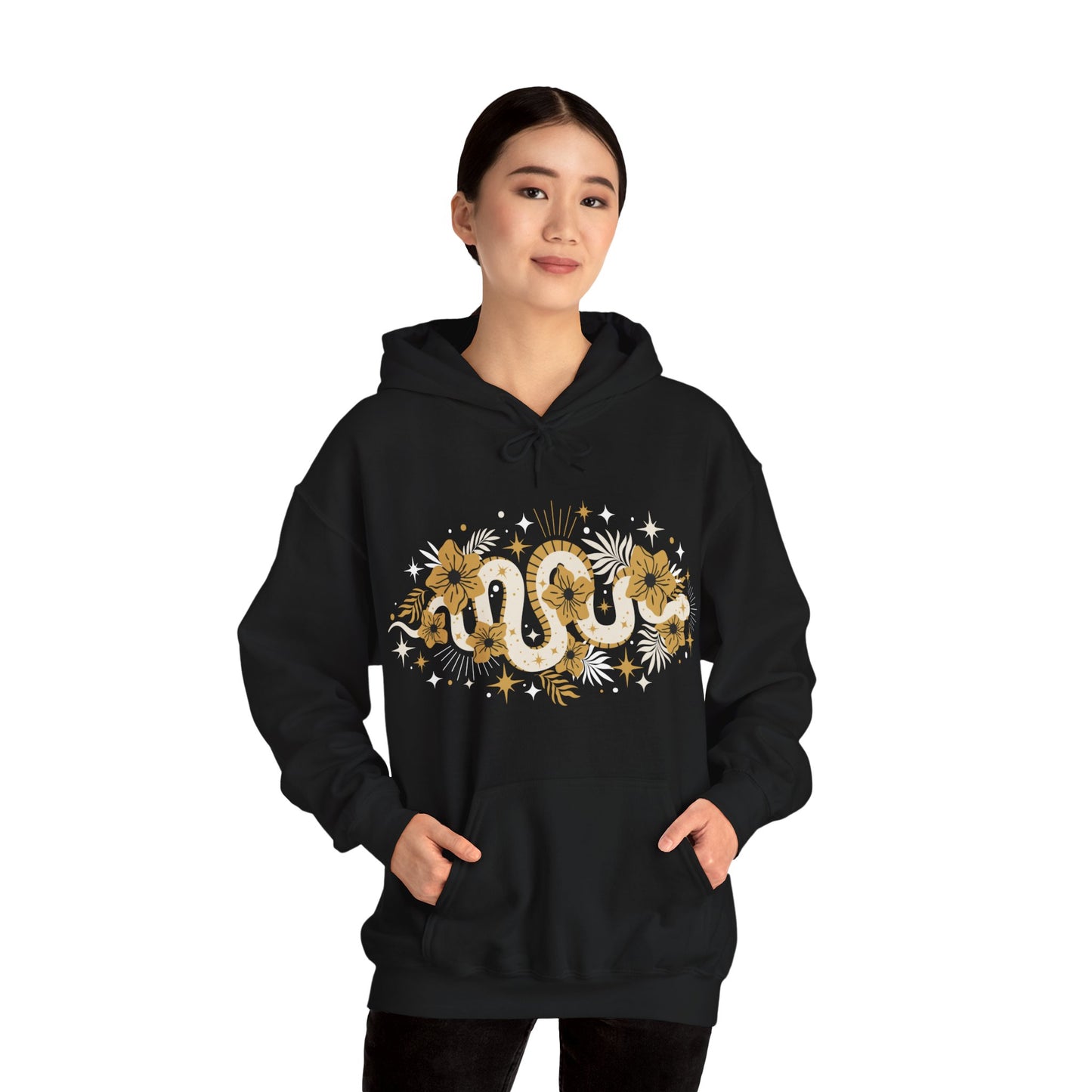 Mystic Gold Snake & Flower Unisex Hoodie, Boho Pullover Hooded Sweatshirt, Bohemian Witchy Snake Print Hoodies