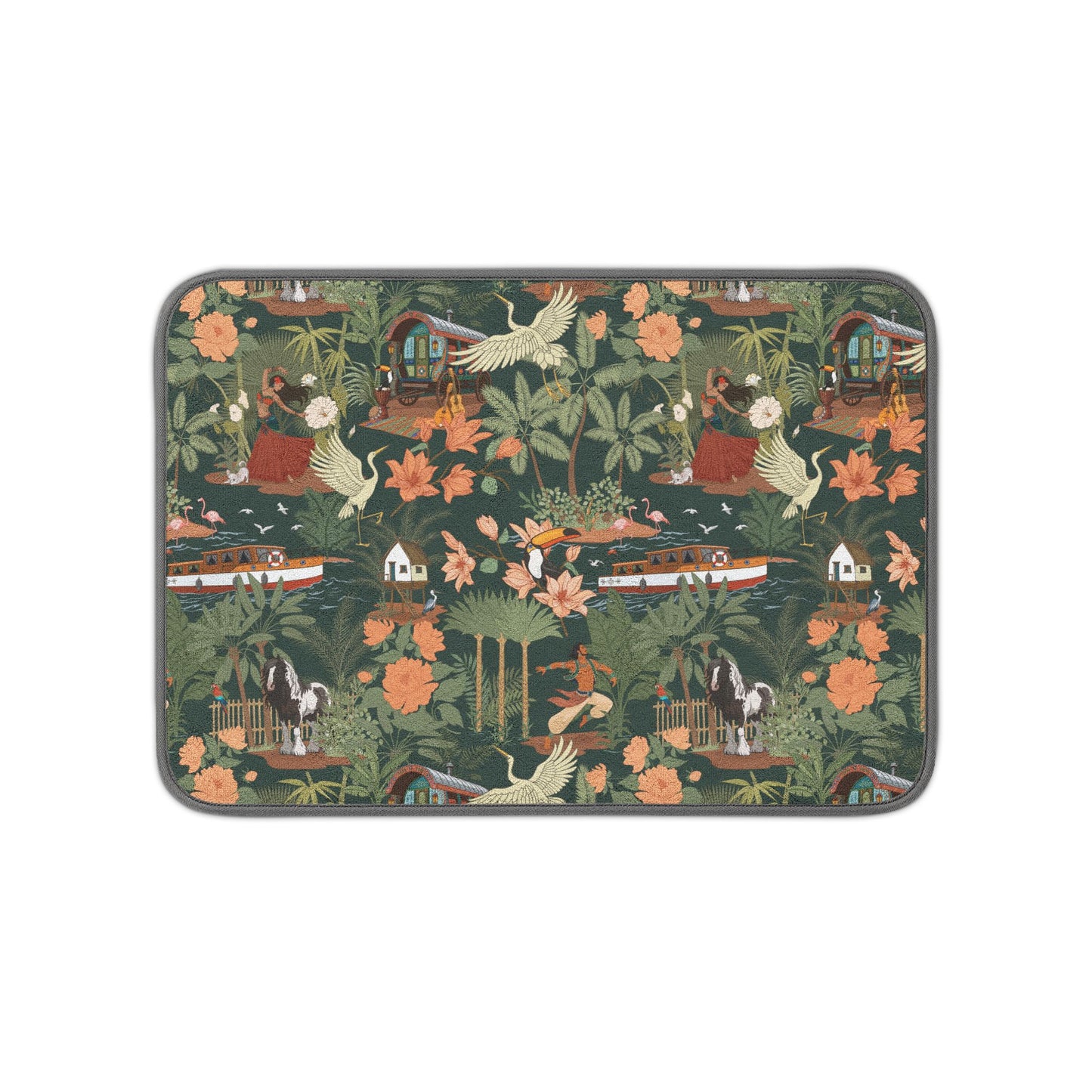 Tropical Nomad Bird and Floral Pattern Dish Mat | Microfiber Kitchen Mats, Island Home Decor 14"x21"