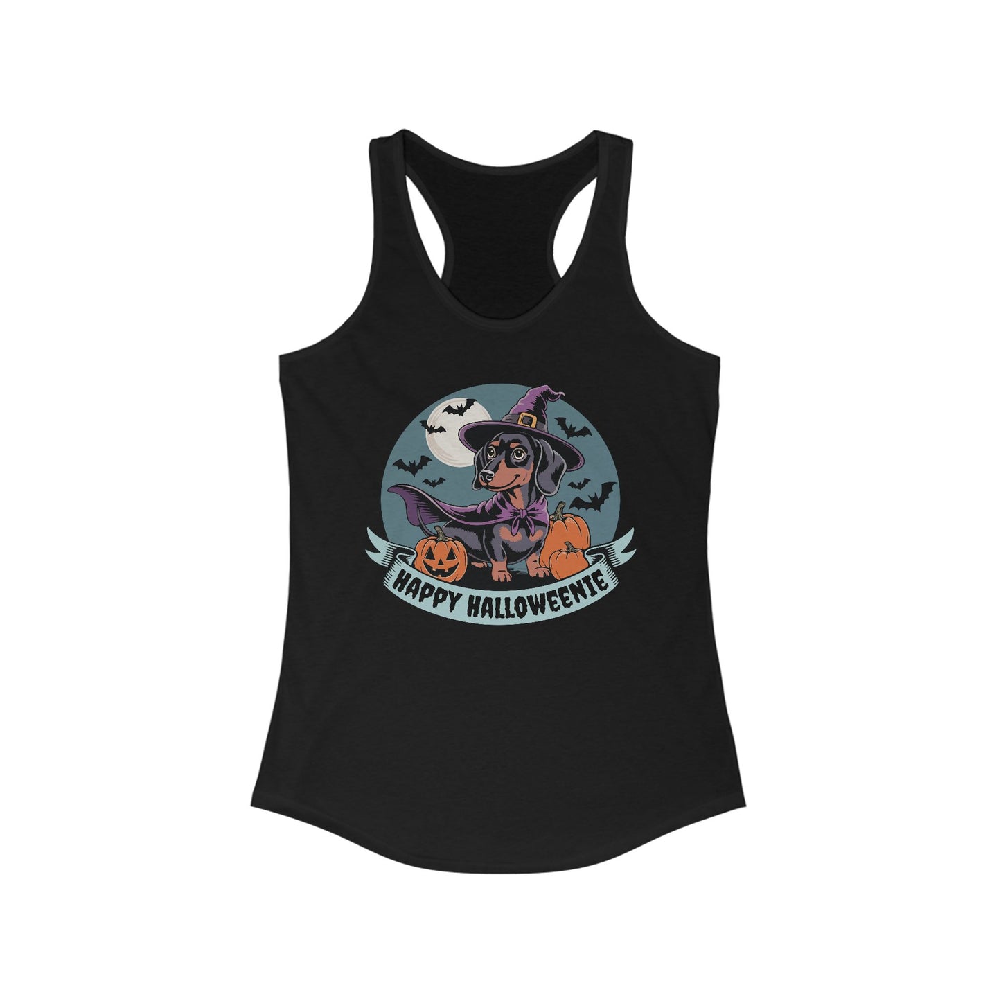 Halloween Dachshund Tank Top, Spooky Halloweenie Weiner Dog Shirt, Fun Witchy Sleeveless Shirt, Racerback Women's Tops