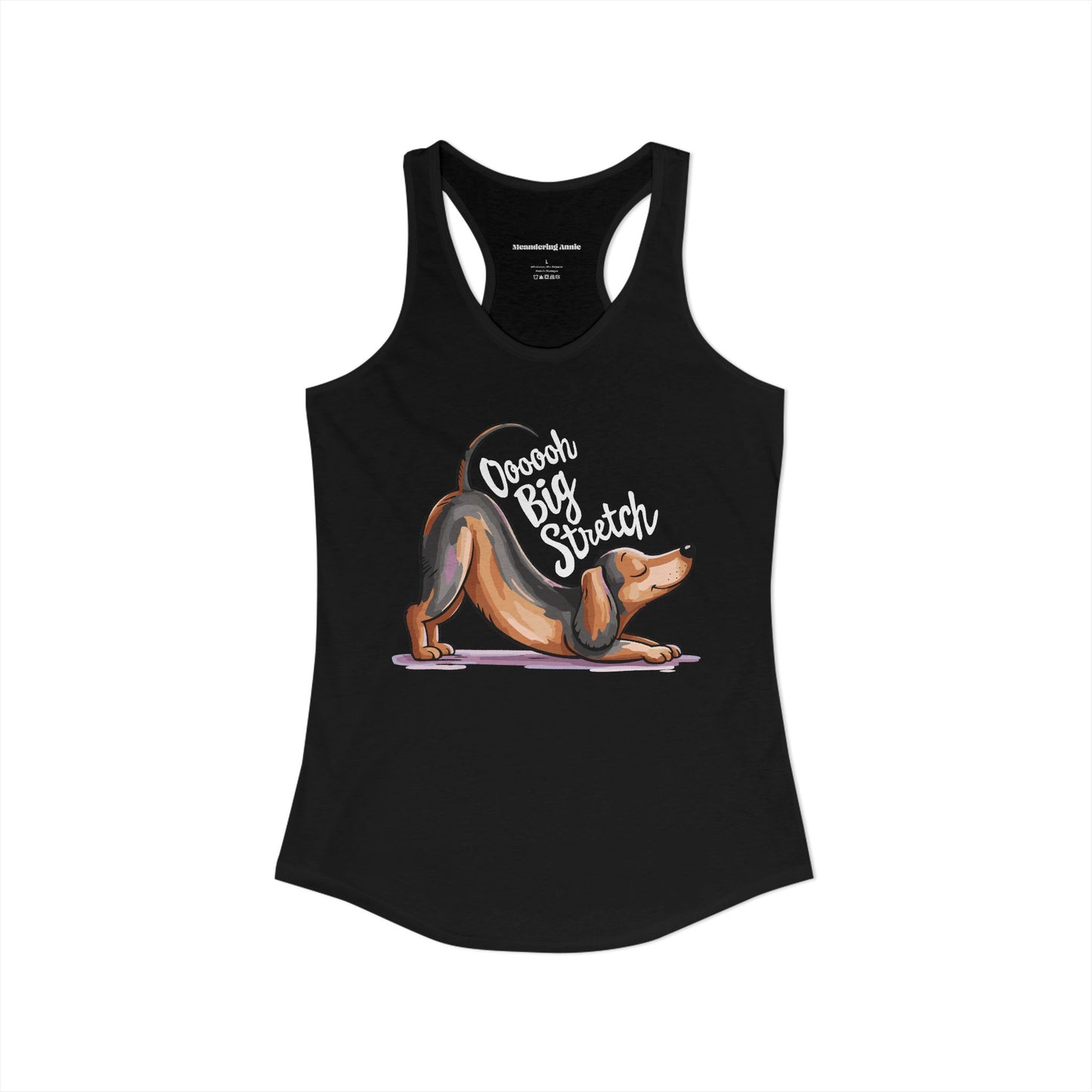 Dachshund Stretching Downward Dog "Ooooh Big Stretch" Women's Racerback Tank Top, Yoga Pup Wiener Dogs Funny Shirts