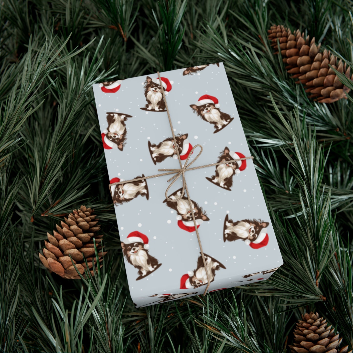 Long Haired Chihuahua Dog Christmas Wrapping Paper, Dogs Print, Cheery Holiday Gift Wrap With Snowy Xmas Puppy In Santa Hat