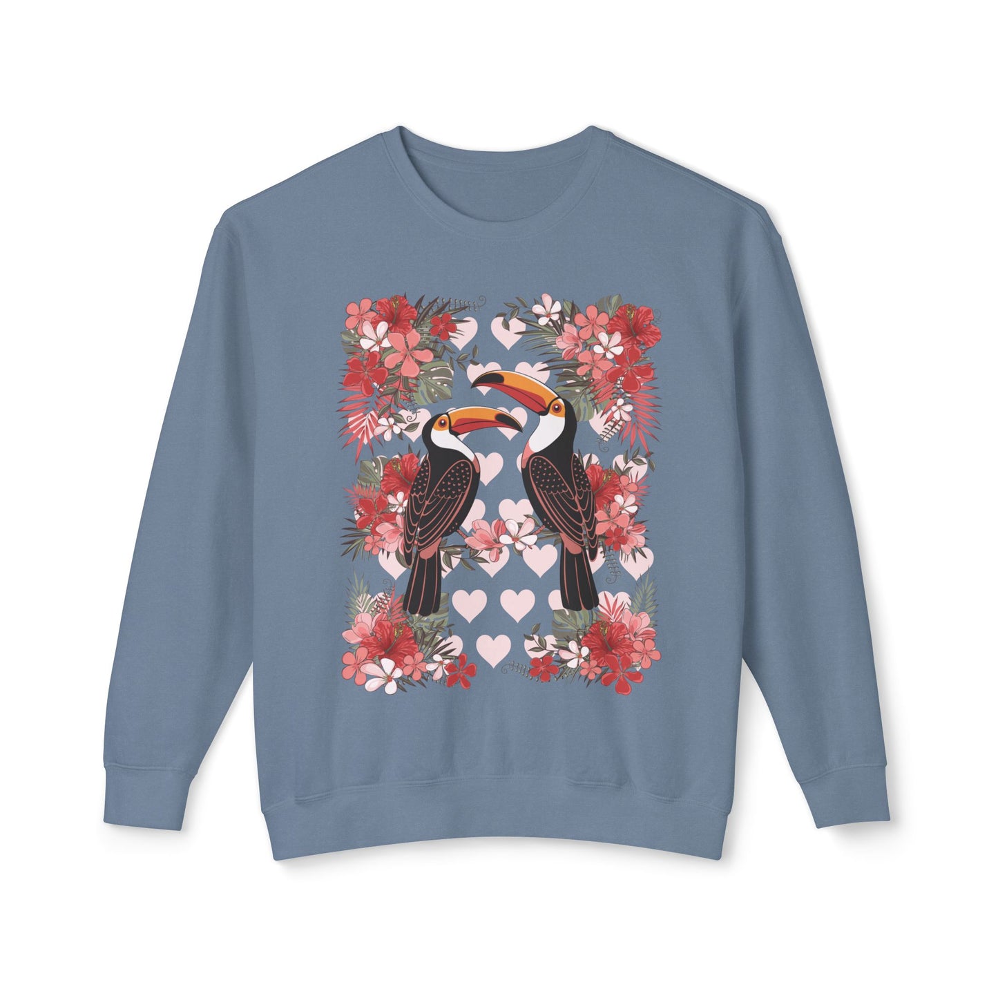 Toucan Tropical Love Birds Floral Crewneck Sweatshirt, Cute Sweatshirt Summer Vibes, Jungle Flowers Toucans Sweatshirt