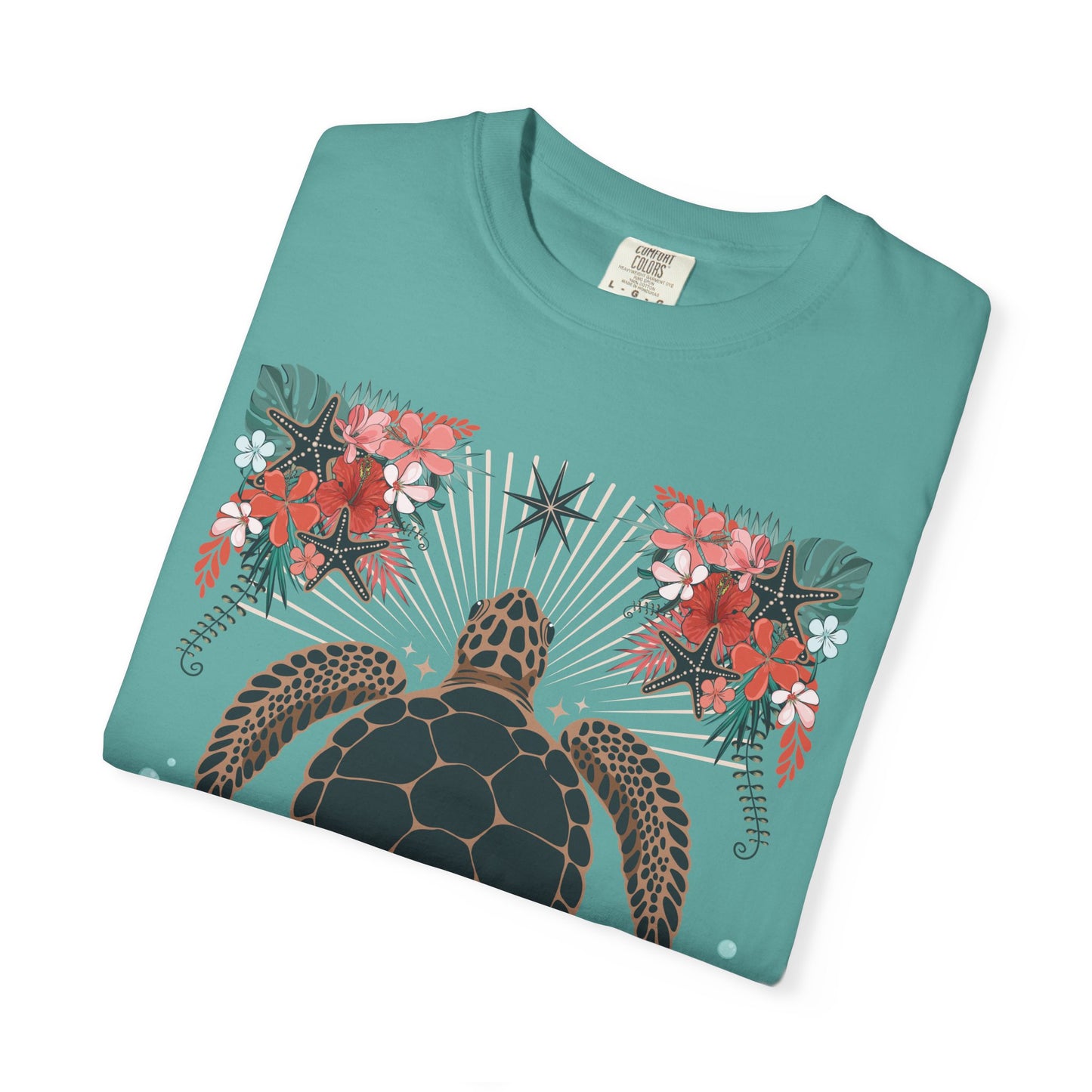 Sea Turtle Floral T-Shirt - Hawaii Coastal Ocean Turtles Tropical Flowers Coral Starfish and Shells Graphic Tee