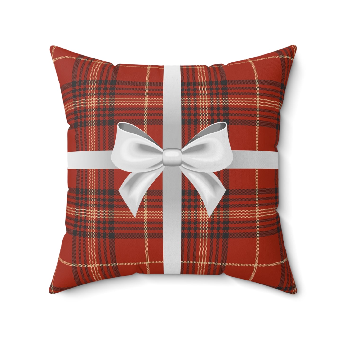 Holiday Gift Throw Pillow, White Bow on Red Plaid Wrapped Present Pillows, Christmas Home Decor Xmas Decorations