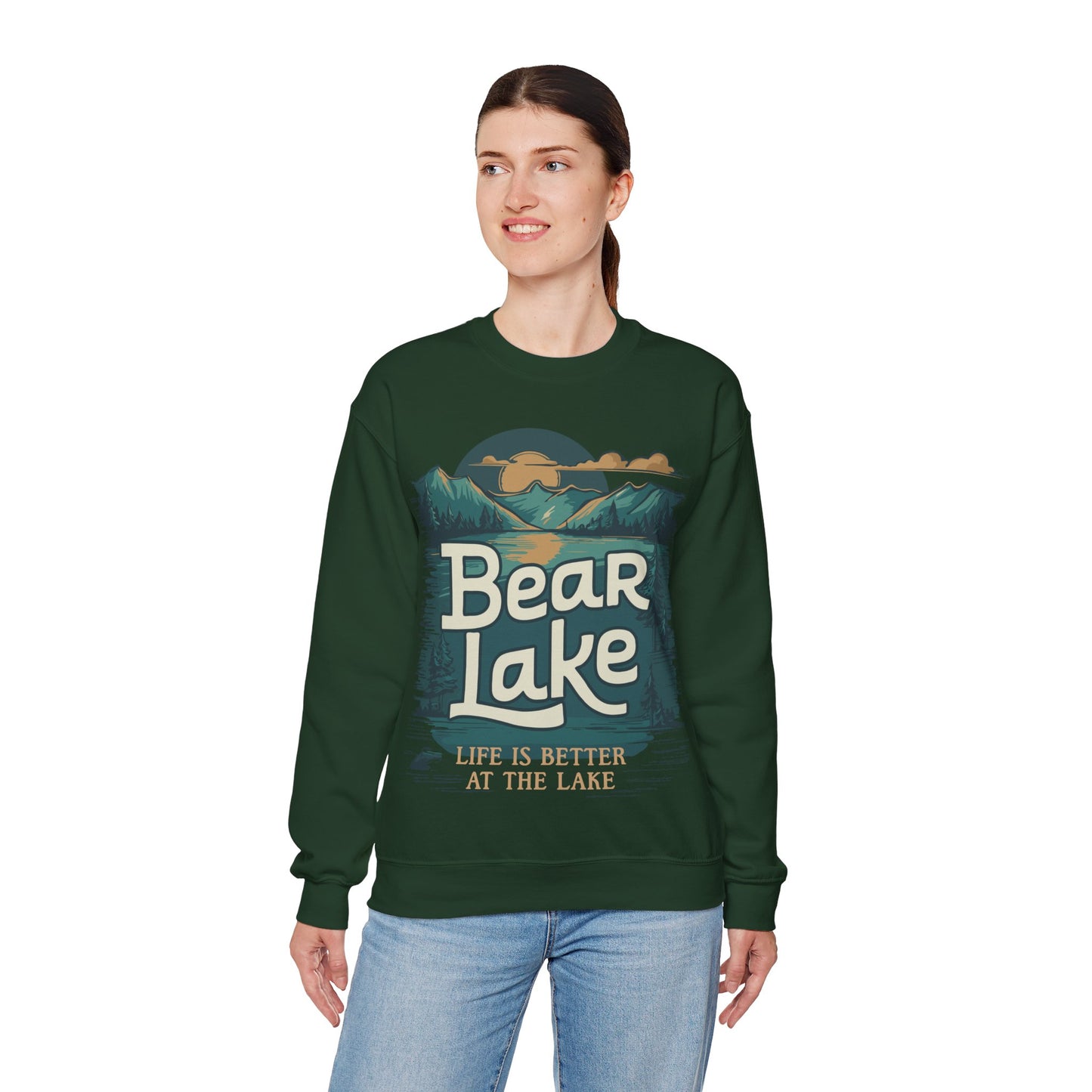 Bear Lake Scenic Mountain View Crewneck Sweatshirt with Utah Idaho Vacation Destination, Mens Womens Pullover Sweatshirts