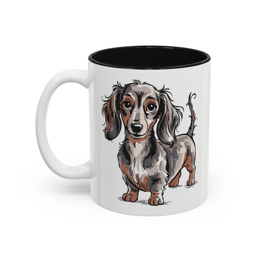 Longhaired Dachshund Dog Illustration Mug | 11 oz Two-Tone Black Accent Ceramic Coffee Mugs, Wiener Dogs Design