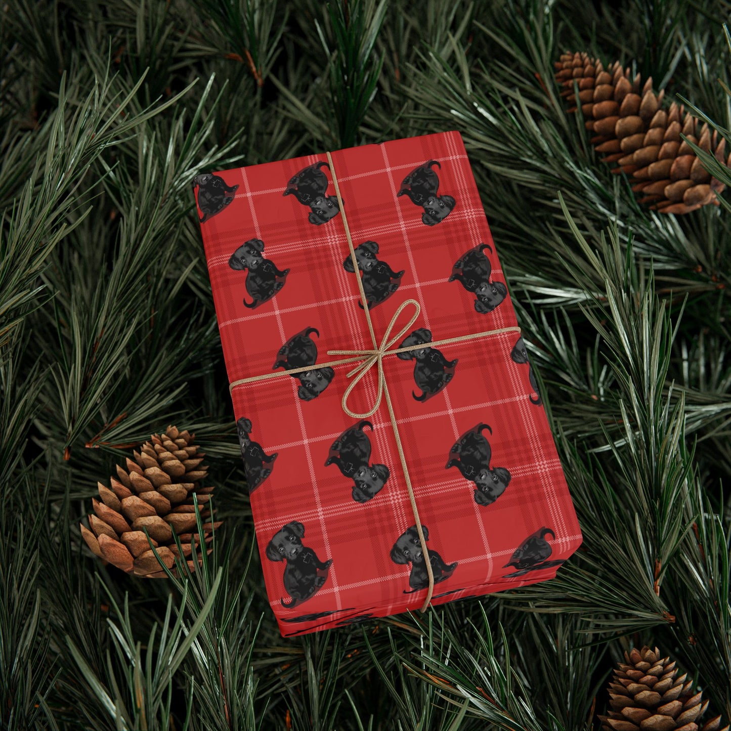Black Chiweenie Puppy Dog Wrapping Paper, Red Plaid Dogs Print Gift Wrap Roll, Christmas Holiday Birthday Matte Wrapping Papers