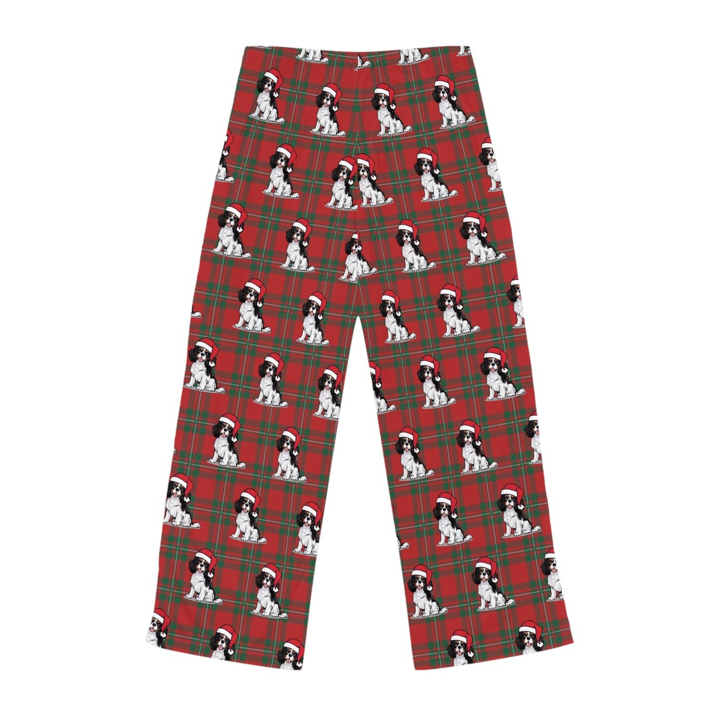 Cavalier King Charles Spaniel Dog  Women's Christmas Pajama Pants, Santa Dogs Red Plaid PJ Bottoms, Winter Loungewear, Holiday Sleepwear