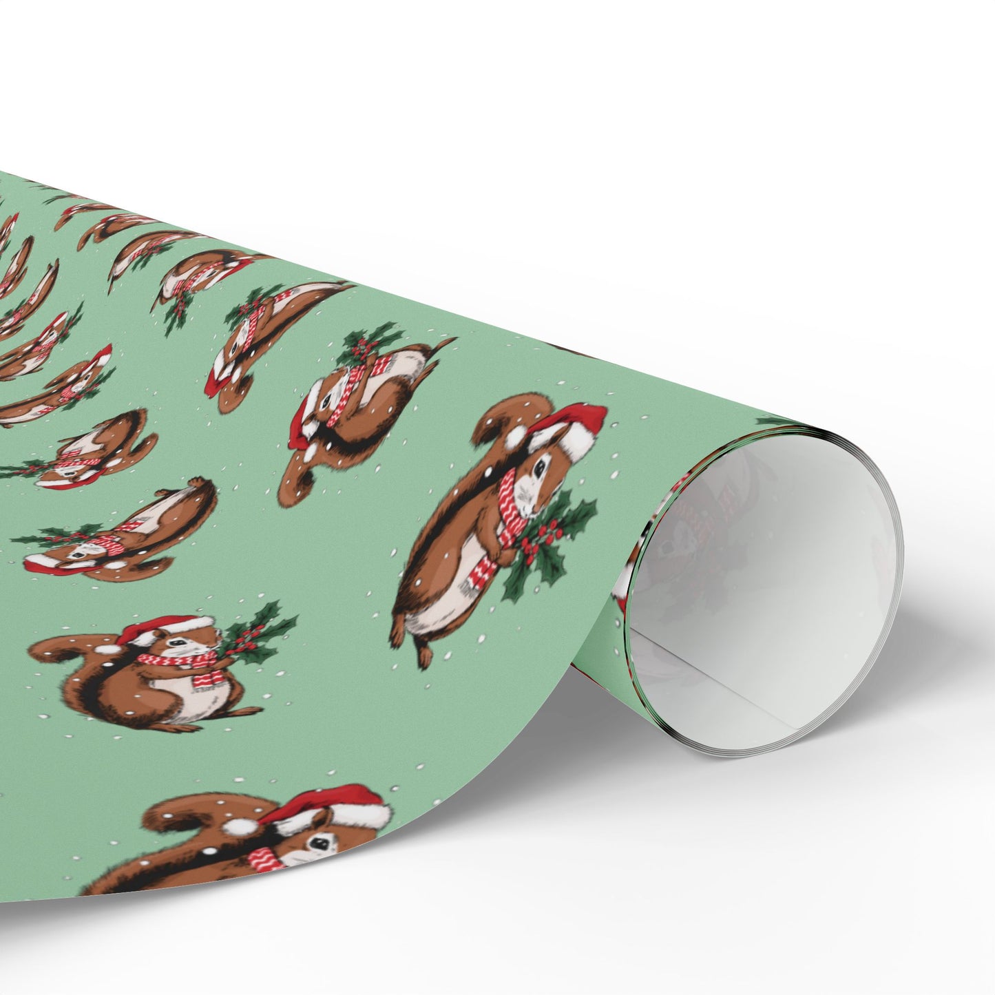 Squirrel Christmas Wrapping Paper, Festive Squirrels Print, Cheery Sage Green Holiday Gift Wrap With Snowy Xmas Squirrel In Santa Hat