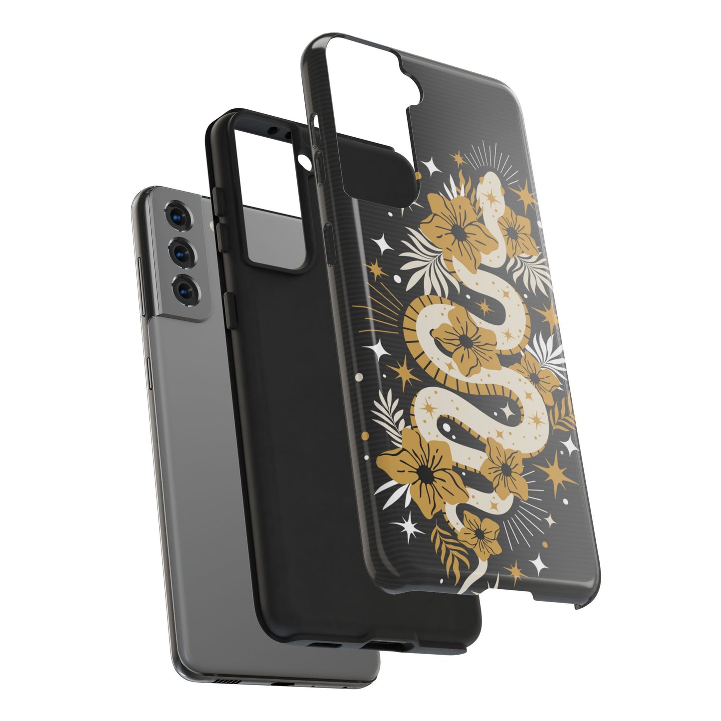 Mystic Snake Cell Phone Case, Black Tough Cases, Protective Floral Golden Serpent Boho Design