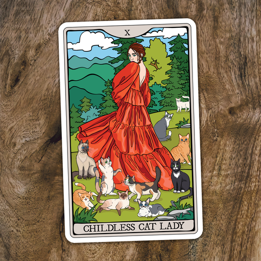 3.5" Childless Cat Lady Tarot Card Sticker - Waterproof, Fade-Resistant Decal Stickers Child-Free Woman and Cats Design