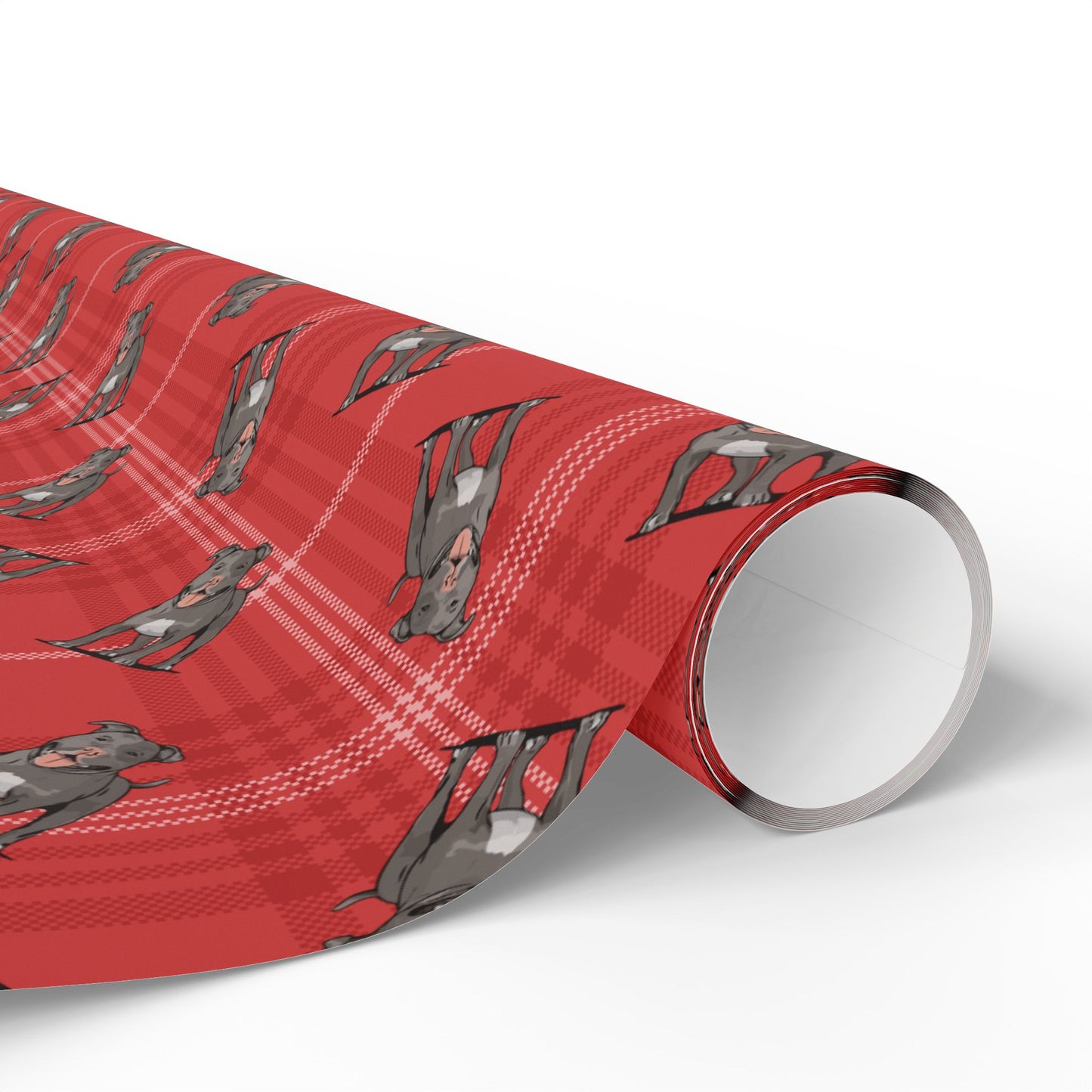 Pit Bull Terrier Dog Wrapping Paper, Red Plaid Dogs Print Gift Wrap Roll, Pitbulls Christmas Holiday Birthday Matte Wrapping Papers