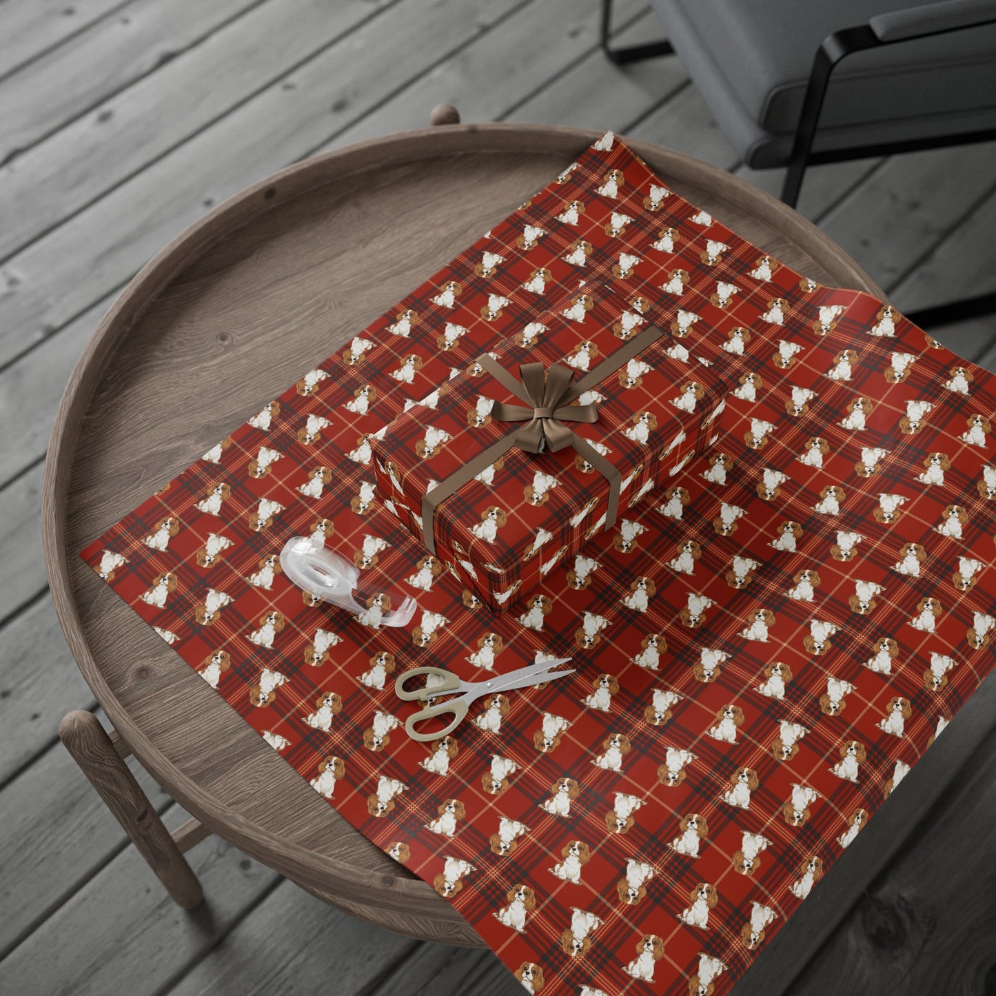 Cavalier King Charles Spaniel Dog Wrapping Paper, Red Plaid Dogs Print Gift Wrap Roll, Christmas Holiday Birthday Matte Wrapping Papers