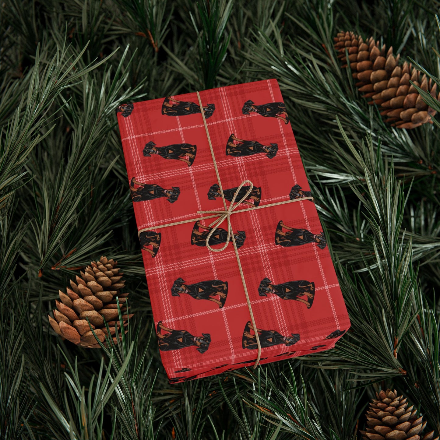 Doberman Pinscher Dog Pattern Wrapping Paper, Red Plaid Holiday Gift Wrap Roll, Birthday Anniversary Xmas Gifts, Matte Finish