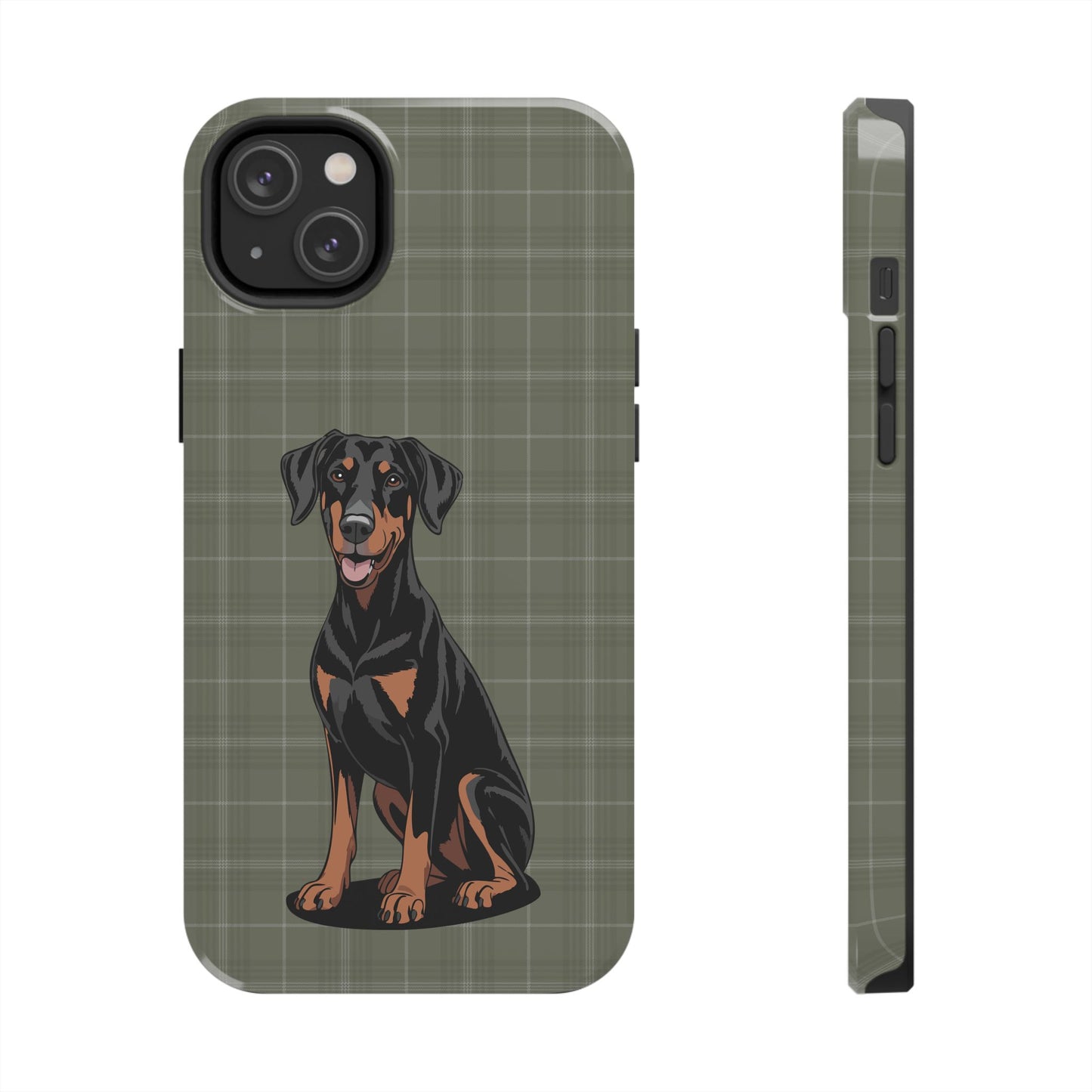 Doberman Pinscher Dog Phone Case, Tough Phone Cases Pet Dogs Green Plaid Pattern