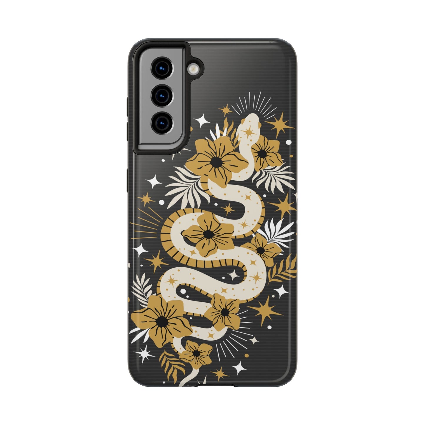 Mystic Snake Cell Phone Case, Black Tough Cases, Protective Floral Golden Serpent Boho Design