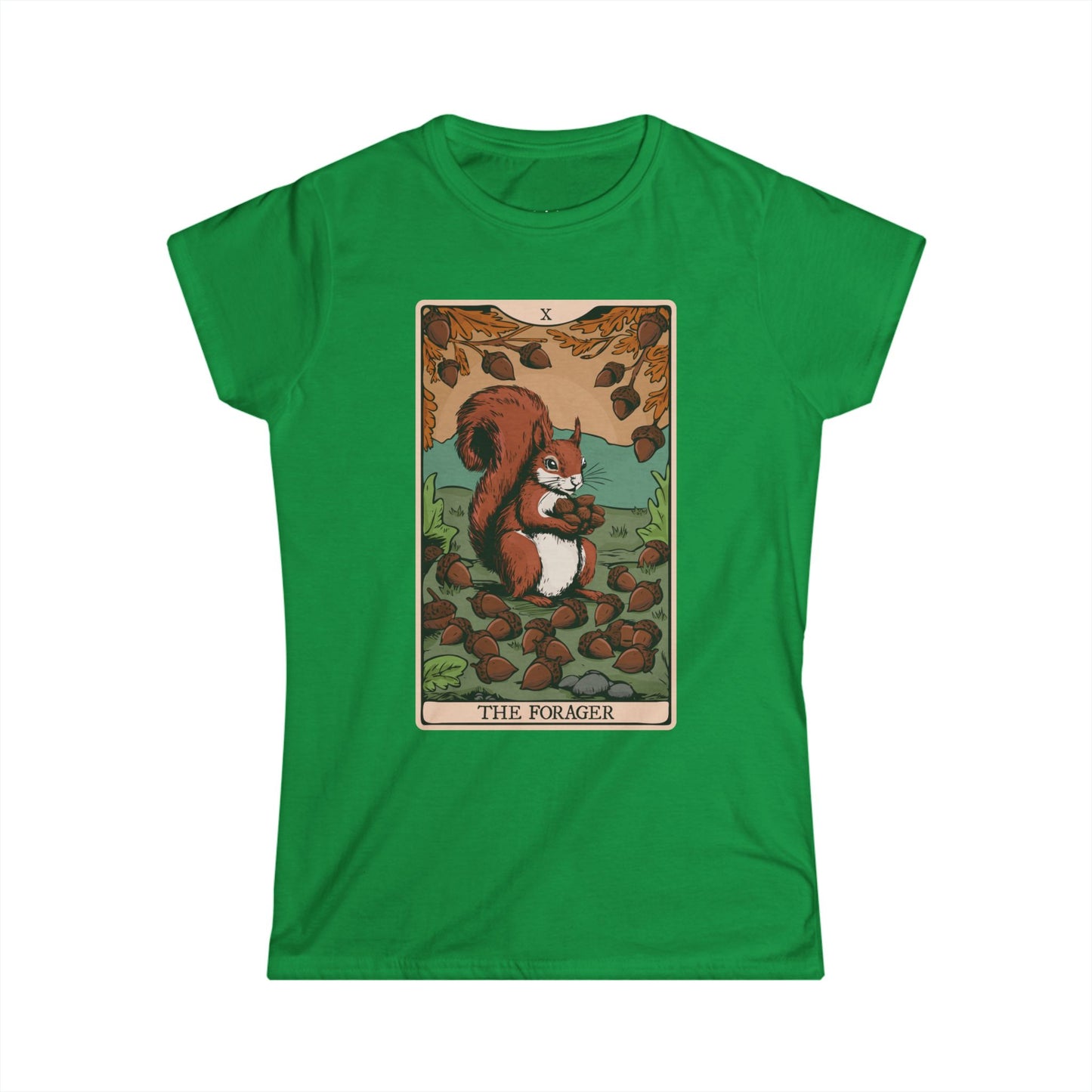 The Forager Squirrel Tarot Card Women's Soft Cotton T-shirt Graphic Tee with Nut Foraging Squirrels Tarot Card Print