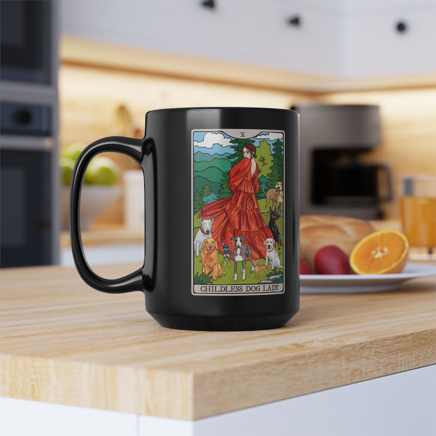 Black Mug - Childless Dog Lady Tarot Card Ceramic Coffee Cup, 15oz - Dog Lover Gift, Woman with Dogs Mugs, Tarot Card Reader Gifts