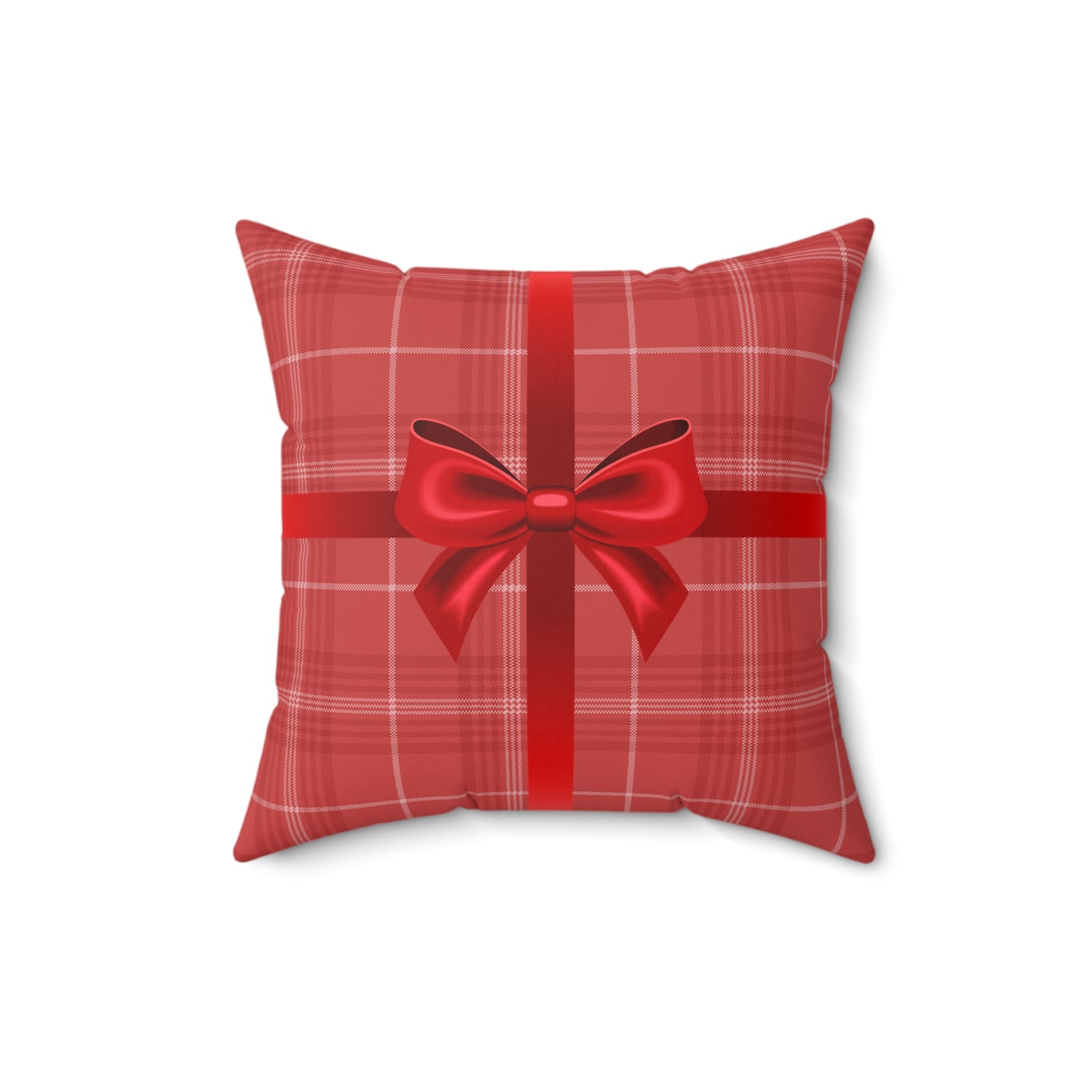 Holiday Gift Throw Pillow, Red Bow on Plaid Wrapped Present Pillows, Christmas Home Decor Xmas Decorations, Square Cushion and Cover
