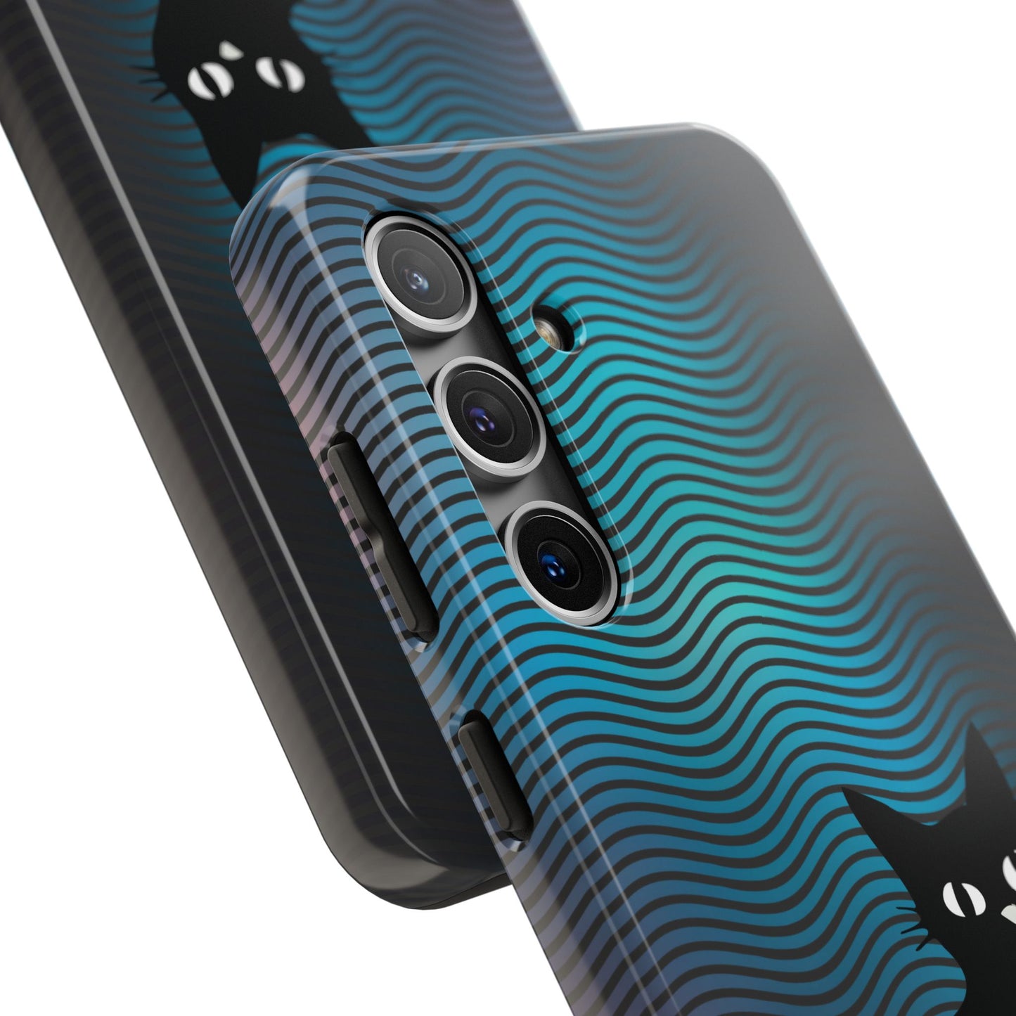 Black Cat Cell Phone Case | Peeking Kitty Graphic on Wavy Teal Background