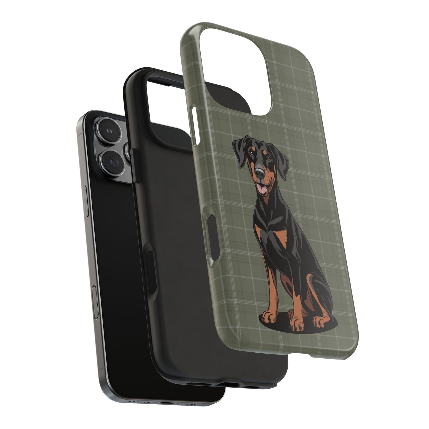 Doberman Pinscher Dog Phone Case, Tough Phone Cases Pet Dogs Green Plaid Pattern