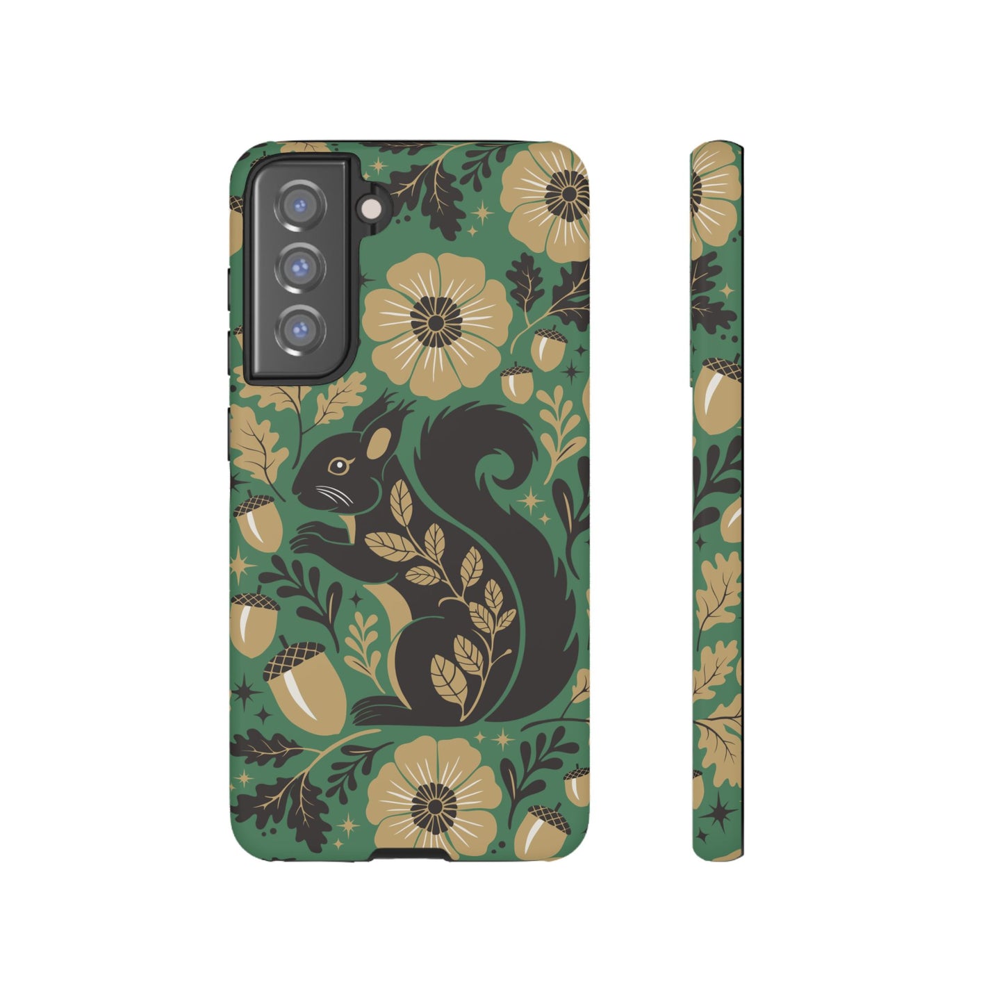 Green Squirrel Floral Pattern Cell Phone Case | Botanical Folk Art Acorn Leaves Design, Iphone Google Pixel Samsung Cases Matte Finish