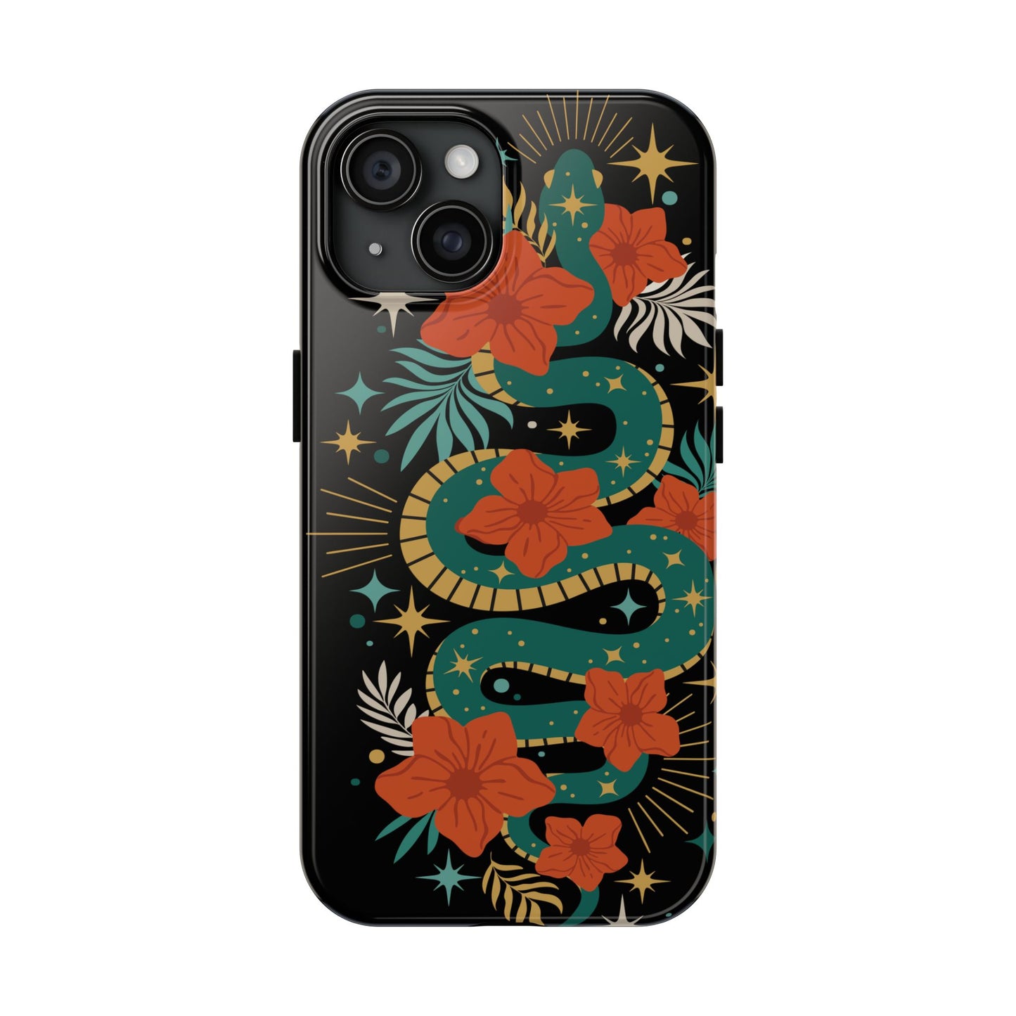 Mystic Snake Cell Phone Case, Black Tough Phone Cases Boho Serpent Snakes Floral Design