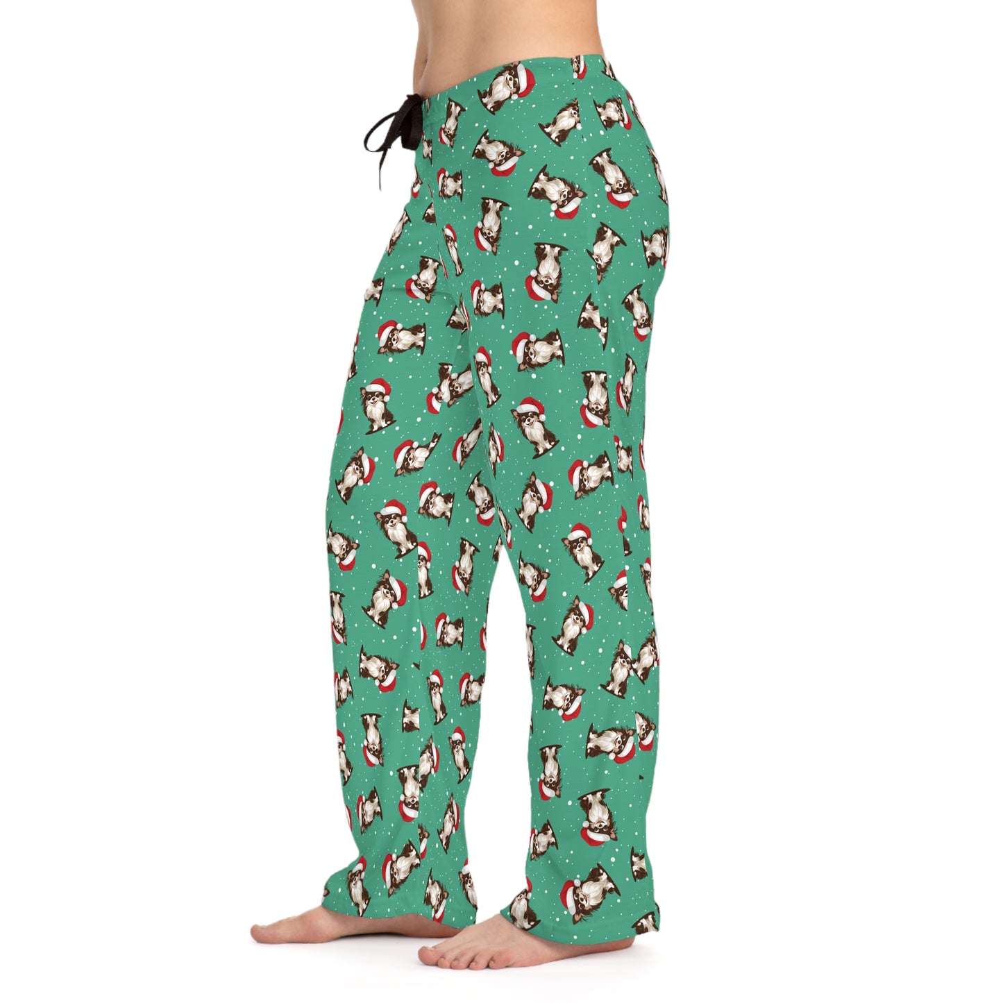 Christmas Long Haired Chihuahua Dog Women's Pajama Pants, Holiday Xmas Dogs In Santa Hat Drawstring Pajamas, Winter Pajama Bottoms