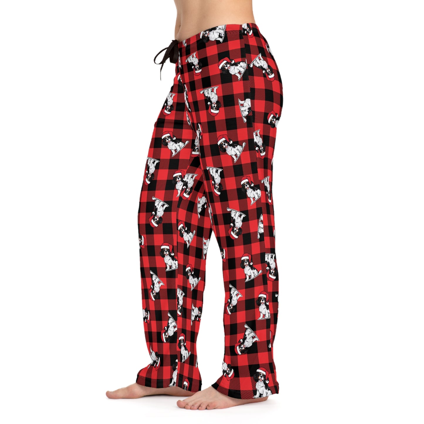 Cavalier King Charles Spaniel Dog Womens Christmas Pajama Pants, Santa Dogs Red PJ Bottoms, Loungewear