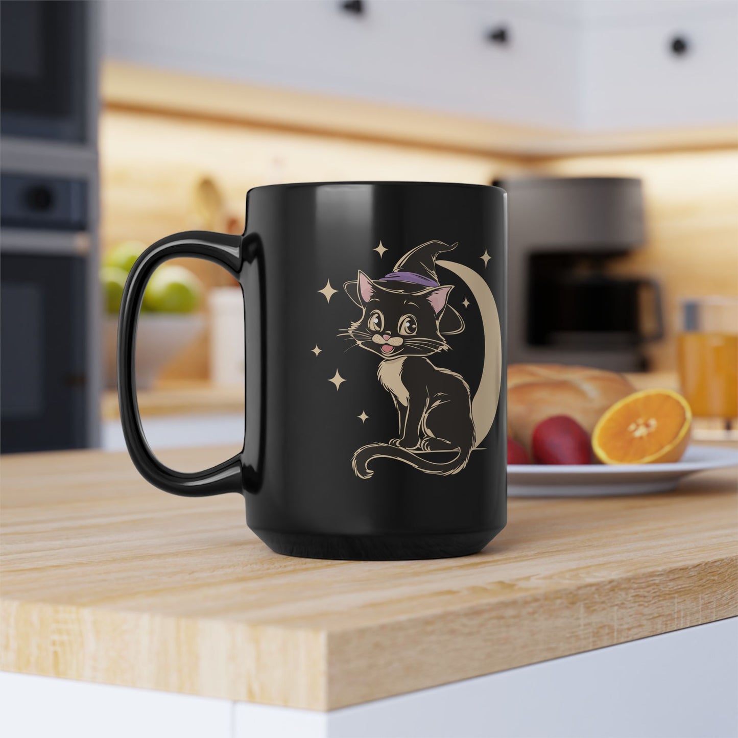 Witchy Kitty Black Ceramic Coffee Mug (11oz, 15oz) with Halloween Black Cat with Witch Hat & Moon Print