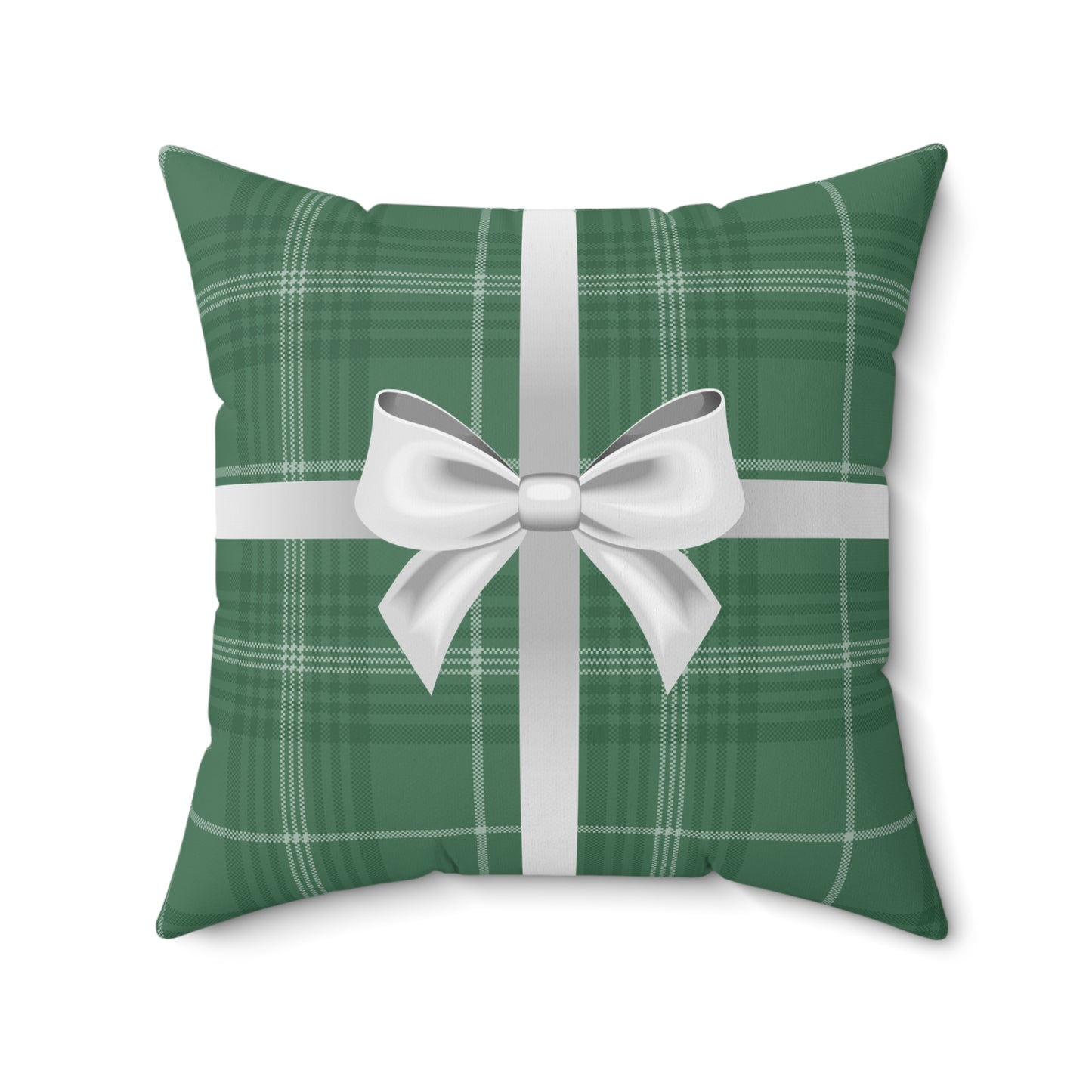 Holiday Gift Throw Pillow, White Bow on Green Plaid Wrapped Present Pillows, Christmas Home Decor Xmas Decorations