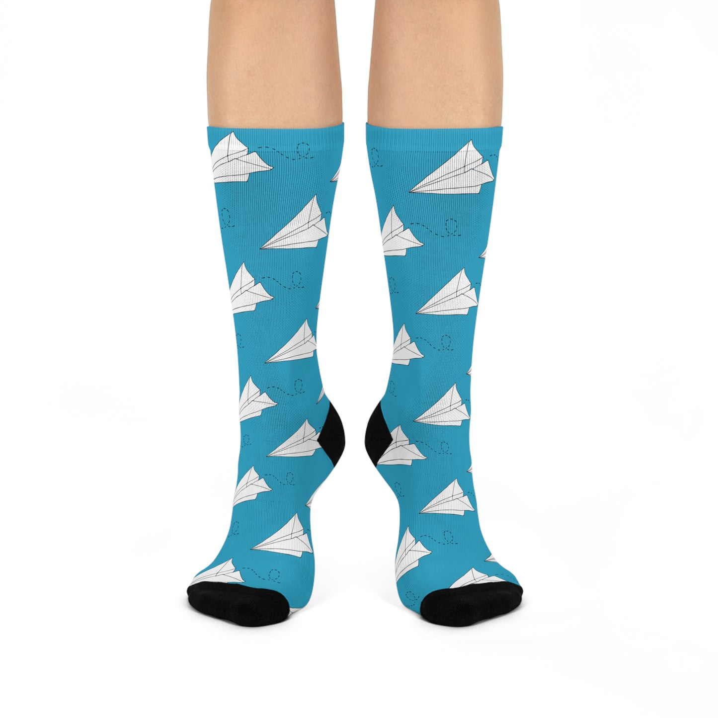 Paper Airplane Blue Cushioned Crew Socks with Origami Paper Plane Design Mens Womens Socks