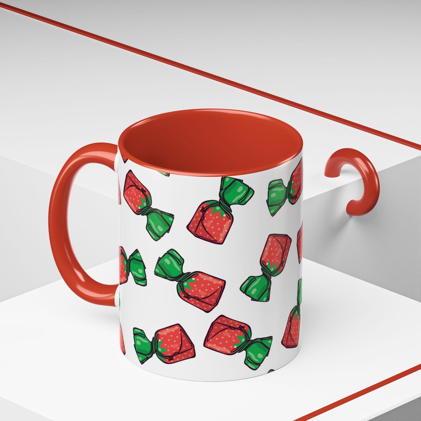 Strawberry Hard Candies Coffee Mug - Retro Nostalgic Pattern Strawberries Candy Print Tea Mugs with Red Accents