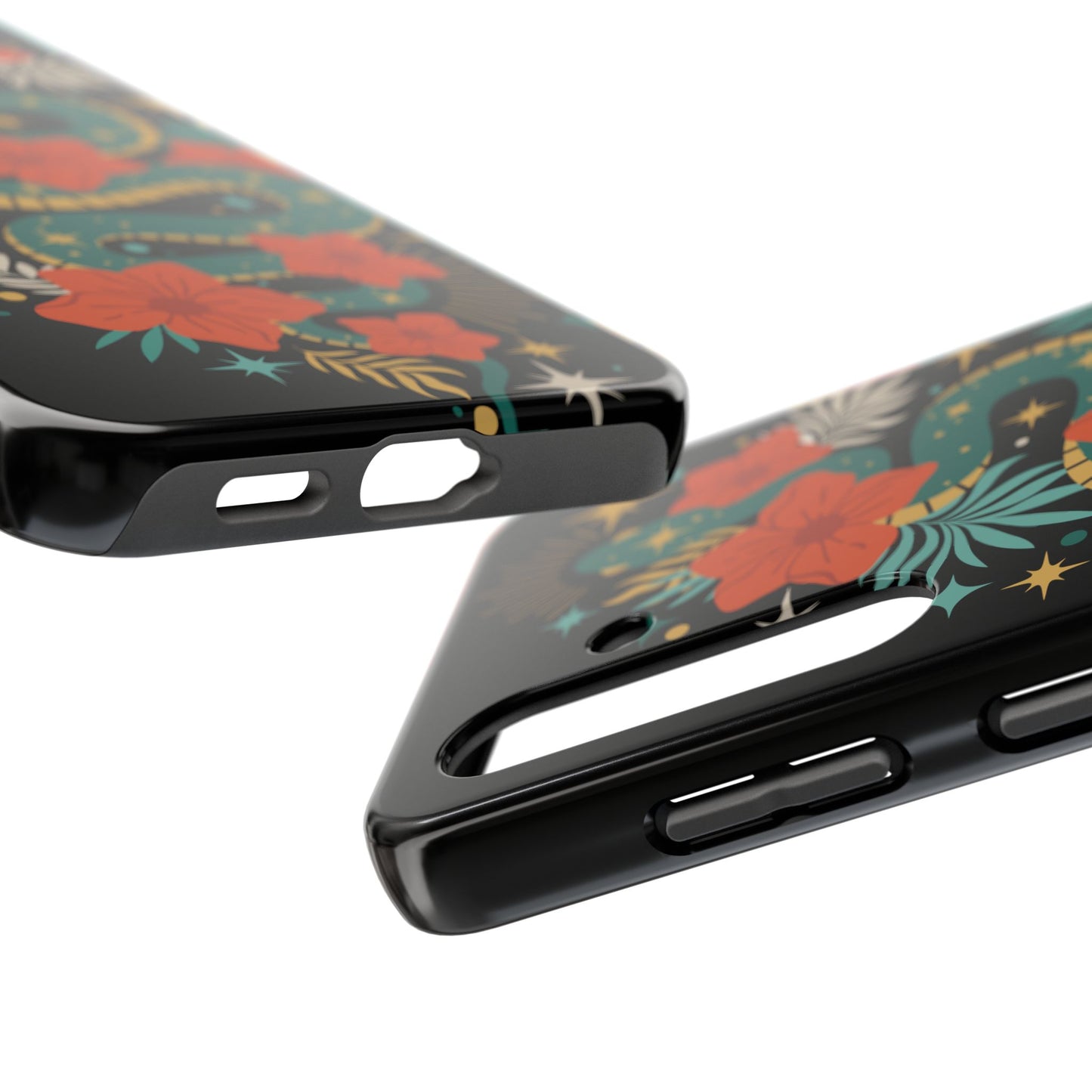 Mystic Snake Cell Phone Case, Black Tough Phone Cases Boho Serpent Snakes Floral Design