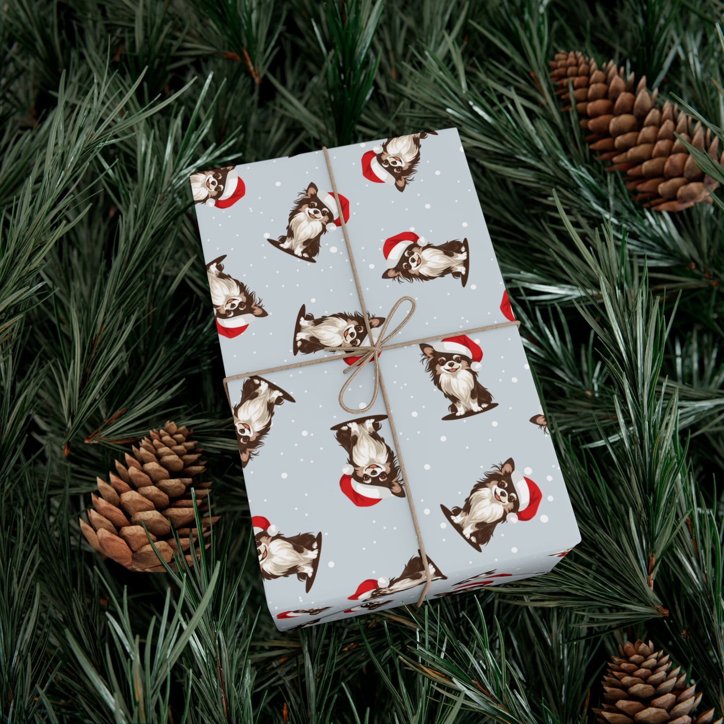 Long Haired Chihuahua Dog Christmas Wrapping Paper, Dogs Print, Cheery Holiday Gift Wrap With Snowy Xmas Puppy In Santa Hat