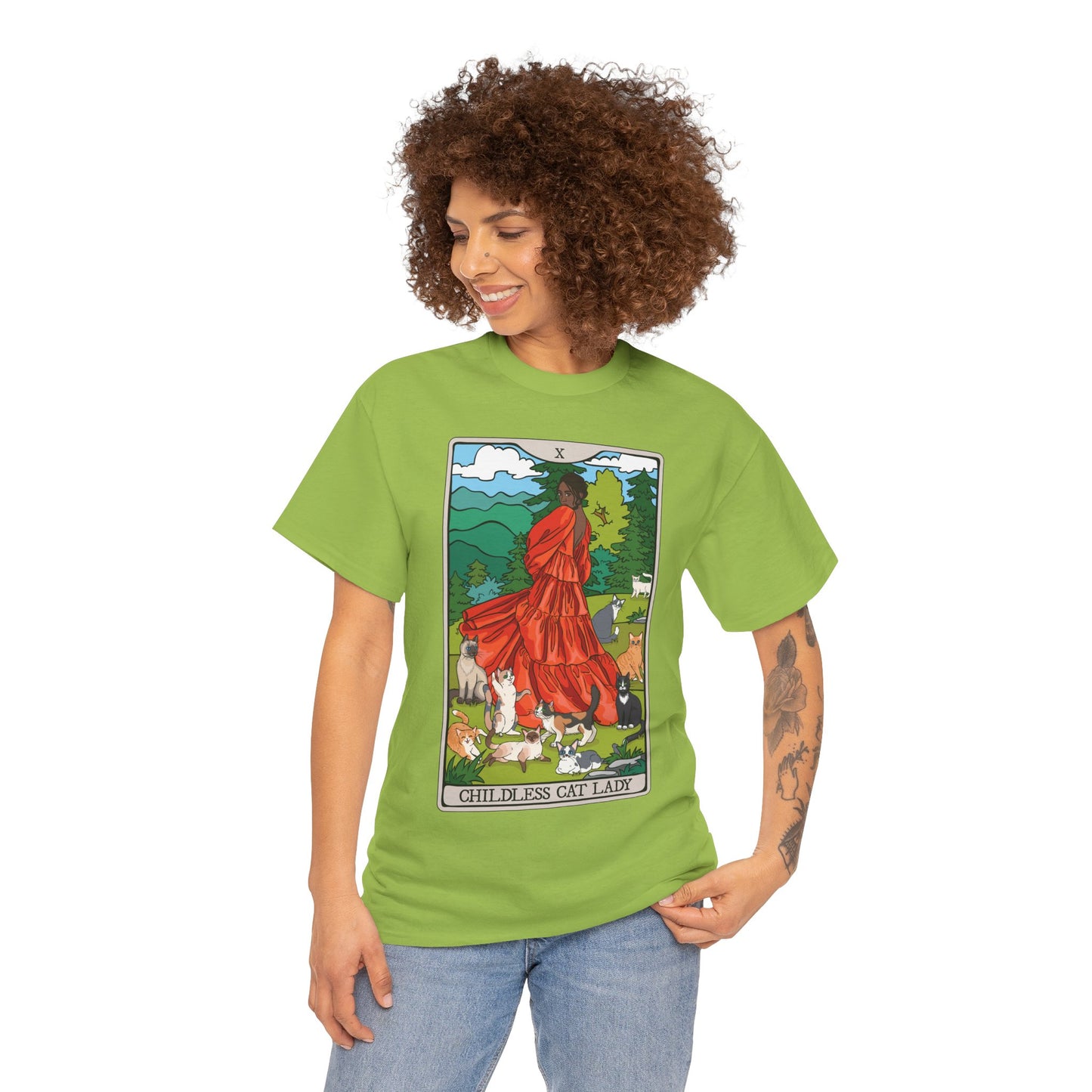 Childless Cat Lady Tarot Card Cotton T-shirt Child-Free Cat Mom Tee with Woman and Cats Design = POC Darker Skin Tone