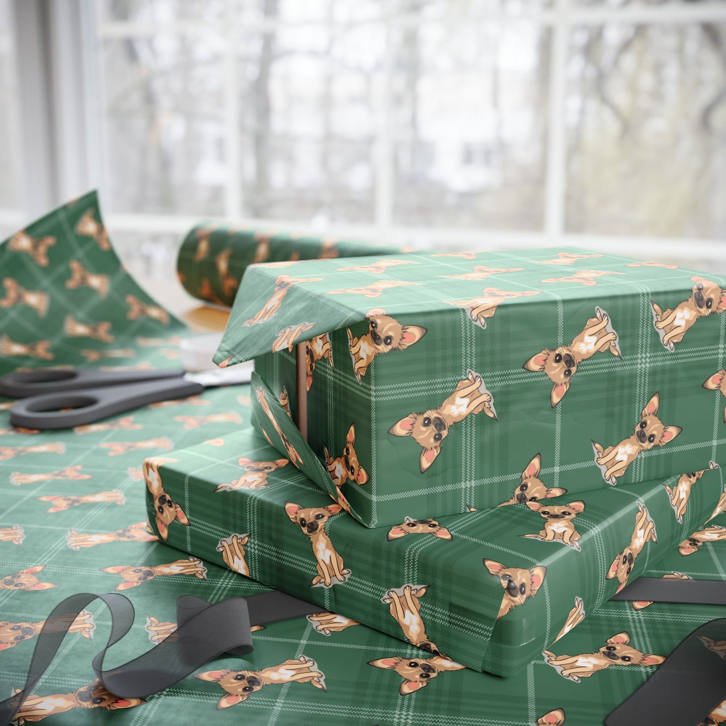 Tan Chihuahua Puppy Dog Wrapping Paper, Green Plaid Dogs Print Gift Wrap Roll, Chihuahuas Christmas Holiday Birthday Matte Wrapping Papers