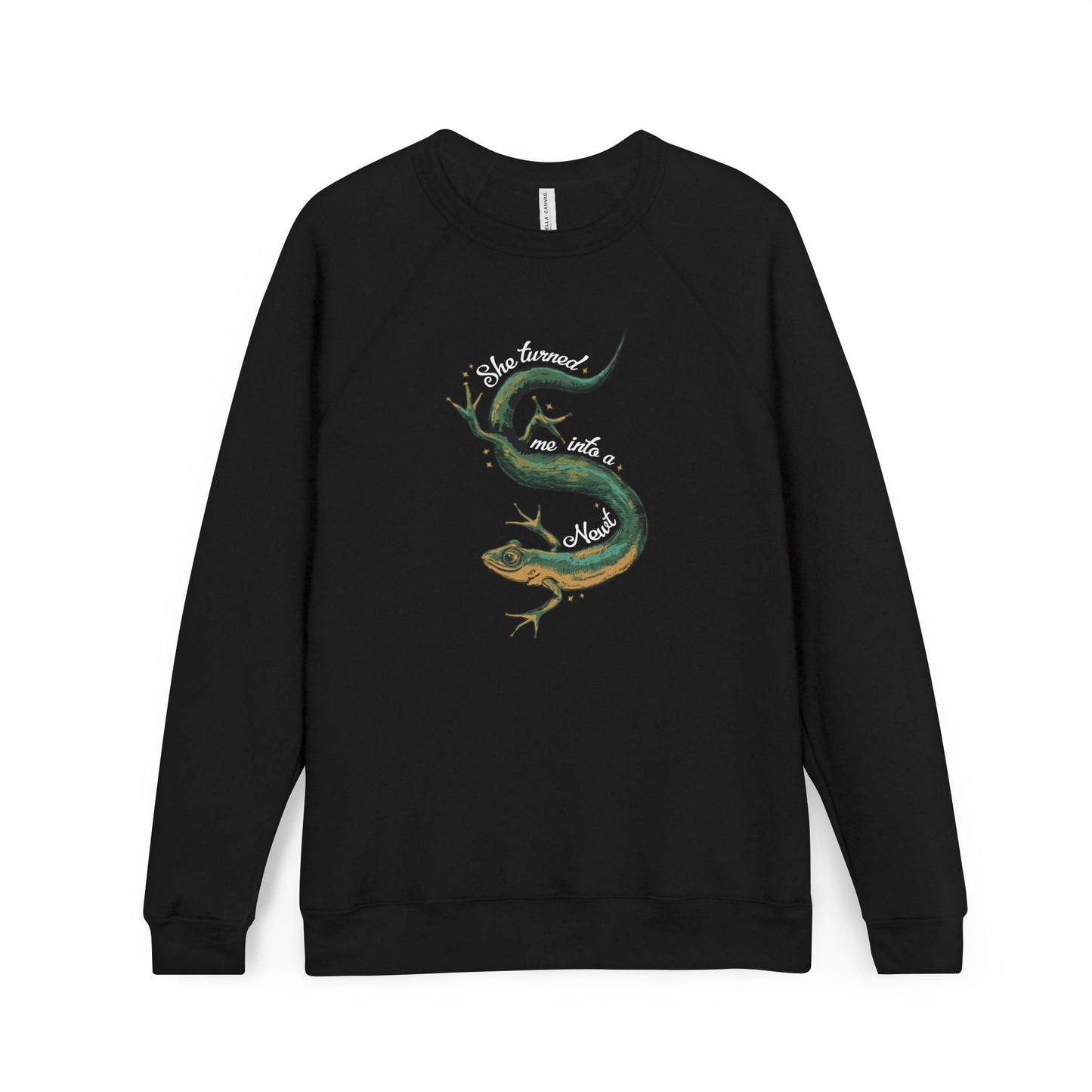 She Turned Me Into A Newt Raglan Sweatshirt, Black Long Sleeve Fleece Sweater Funny Newts Design Graphic Top
