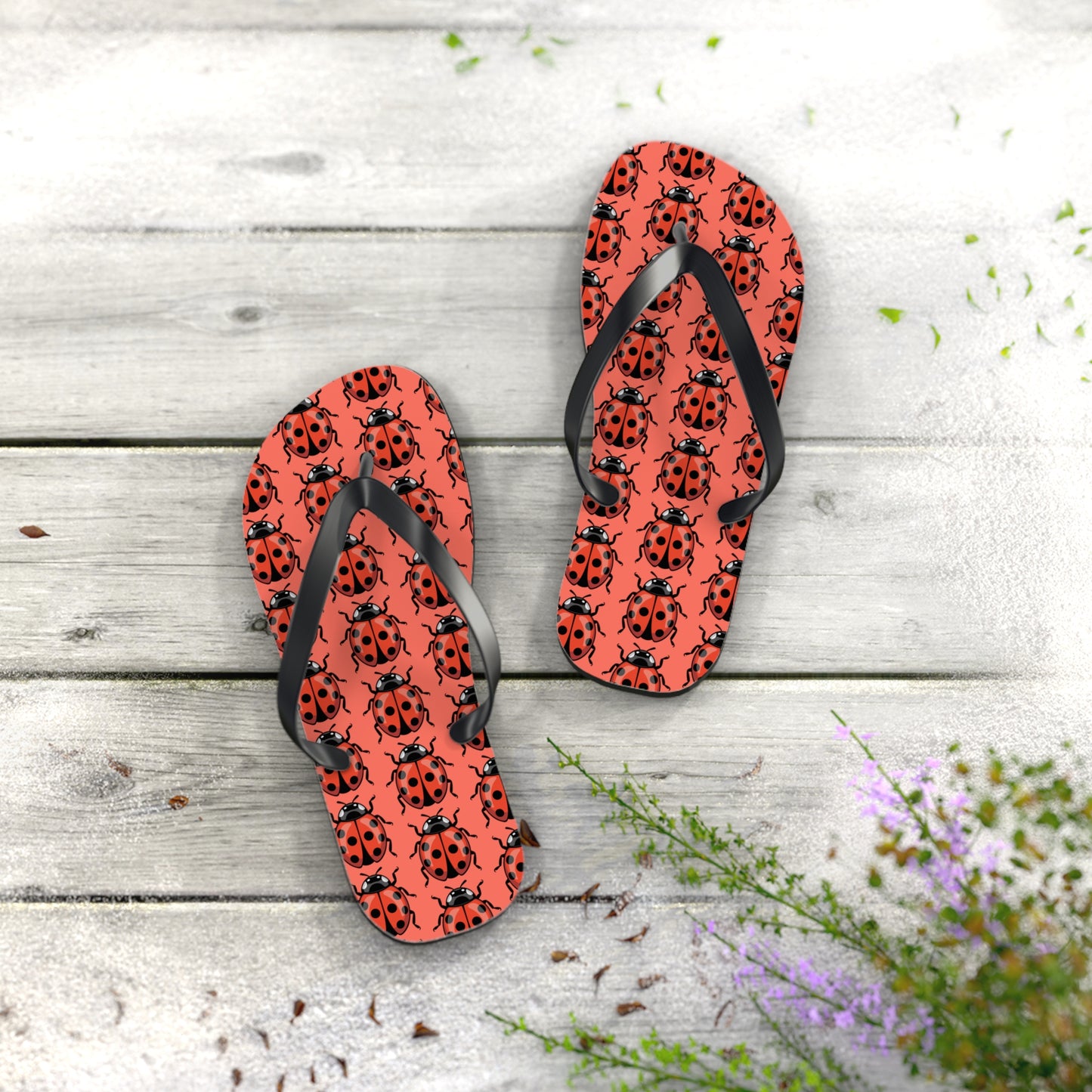 Ladybug Pattern Flip Flops | Red Insect Bug Print Summer Sandals, Ladybugs Beach Pool Footwear