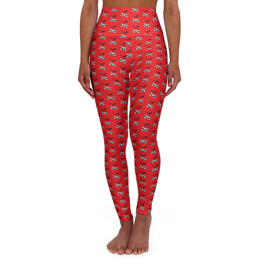 Red Cherry Skulls High Waisted Yoga Leggings - Rockabilly Gothic Skull Cherries Pattern Women's Activewear Pants